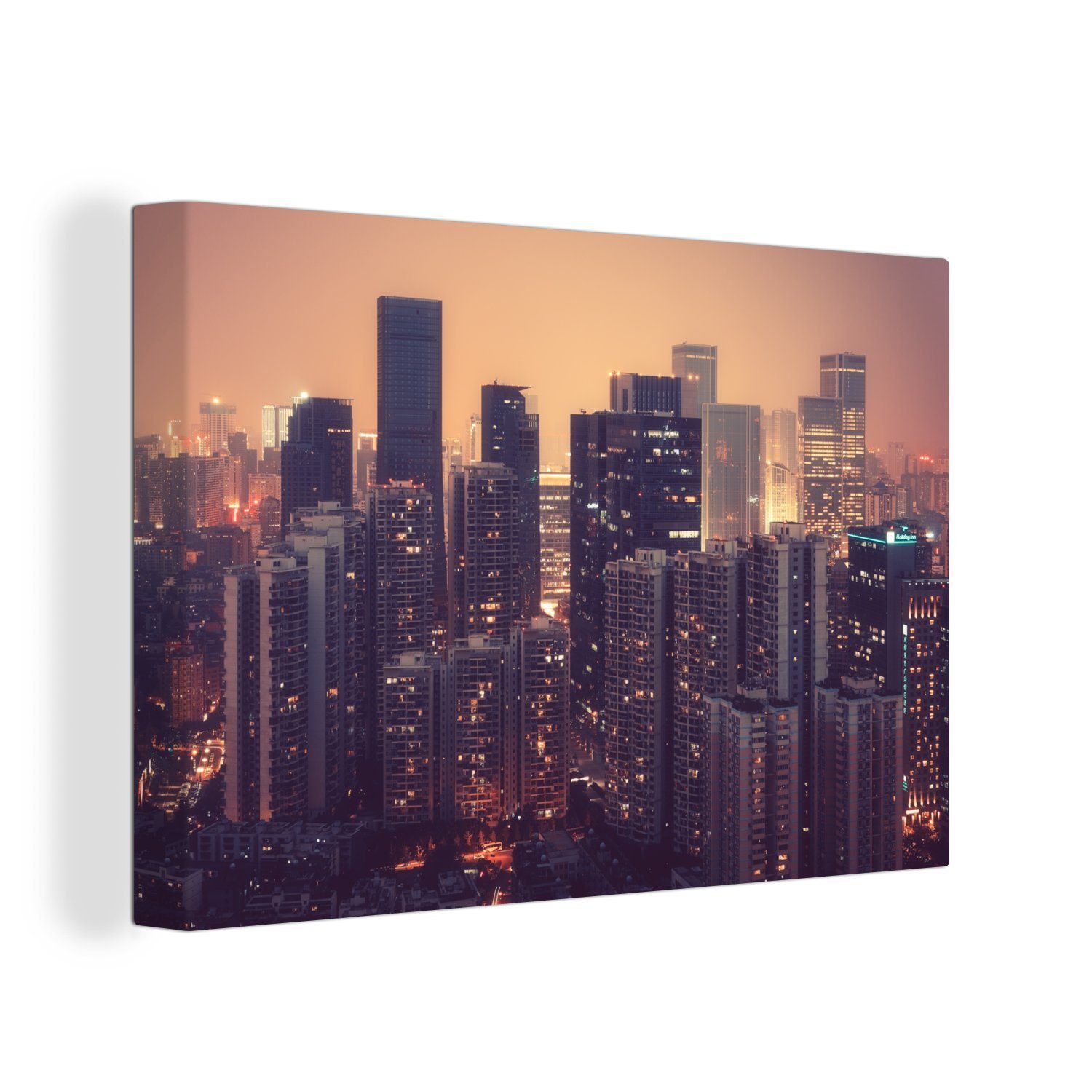 OneMillionCanvasses® Leinwandbild Skyline der Wandbild Aufhängefertig, Nacht, Stadt in Wanddeko, 30x20 Leinwandbilder, China cm St), Chengdu (1 bei