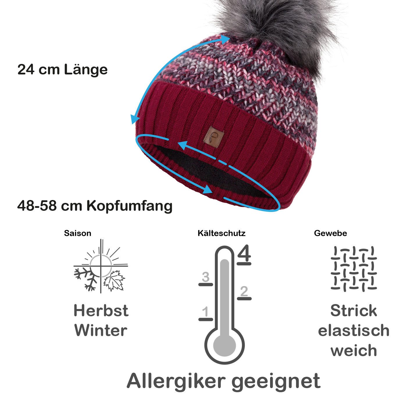 Faera Bommelmütze Wintermütze Damen Herren Mütze Beanie Haube gefüttert Bommelmütze
