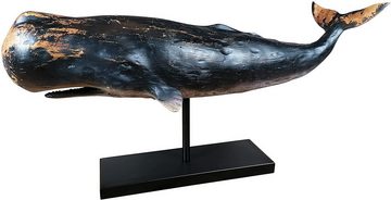 MichaelNoll Dekofigur Wal Dekofigur Statue Skulptur Standfuß Polyresin Modern - Maritime Deko für Wohnung in Holz-Optik Blau - Dekoration für Wohnzimmer, Schlafzimmer oder Badezimmer - XXL 77x17,5x38,5 cm