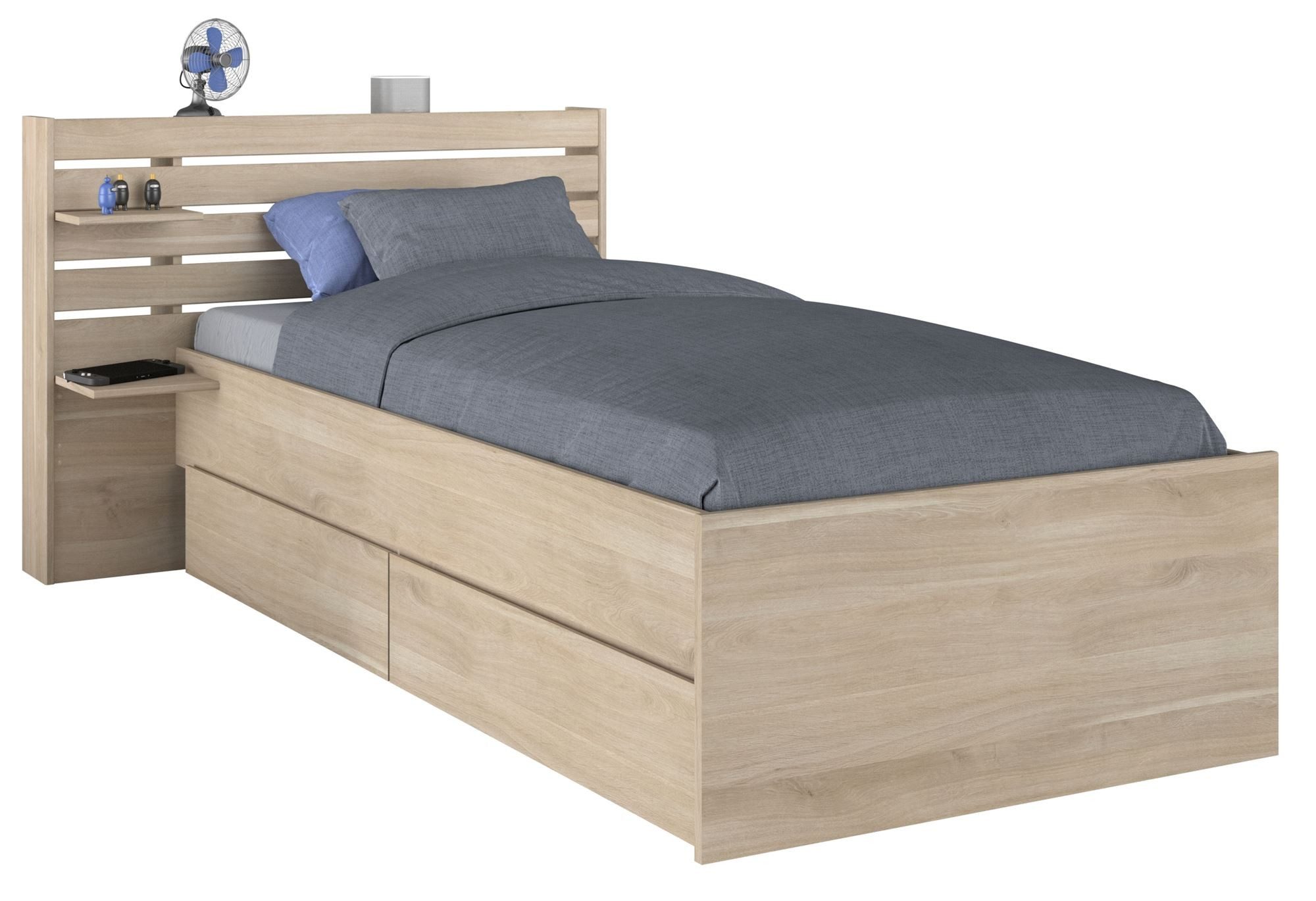 58 aufm Kessel Kinderbett Stauraumbett Parisot Escale 90x200 Holznachbildung Japanische Eiche (inkl. Versand, Lieferung bis Verwendungsstelle), Bettgestell 90x200 mit Bettschubkästen und Ablagen für viel Stauraum