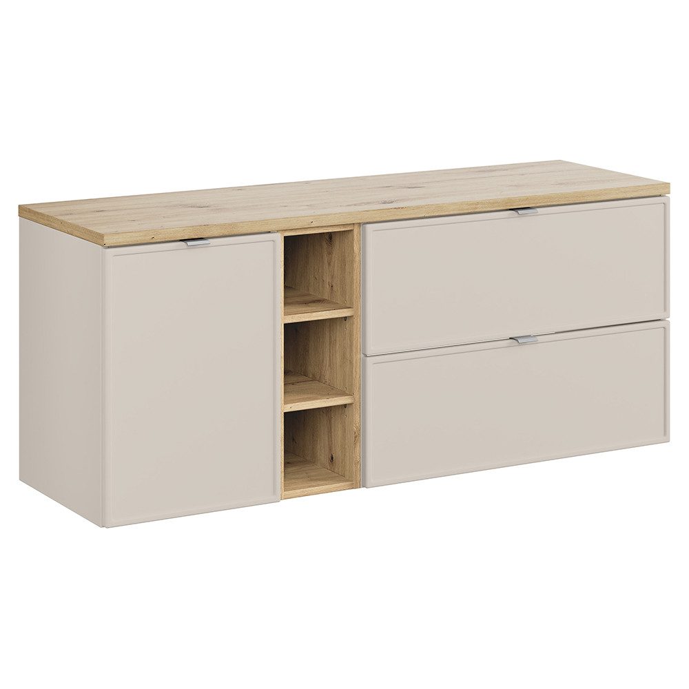 Lomadox Waschbeckenschrank BIBIONE-56 140 cm breit in kaschmir & Eiche, inkl. Wäschekorb, wandhängend