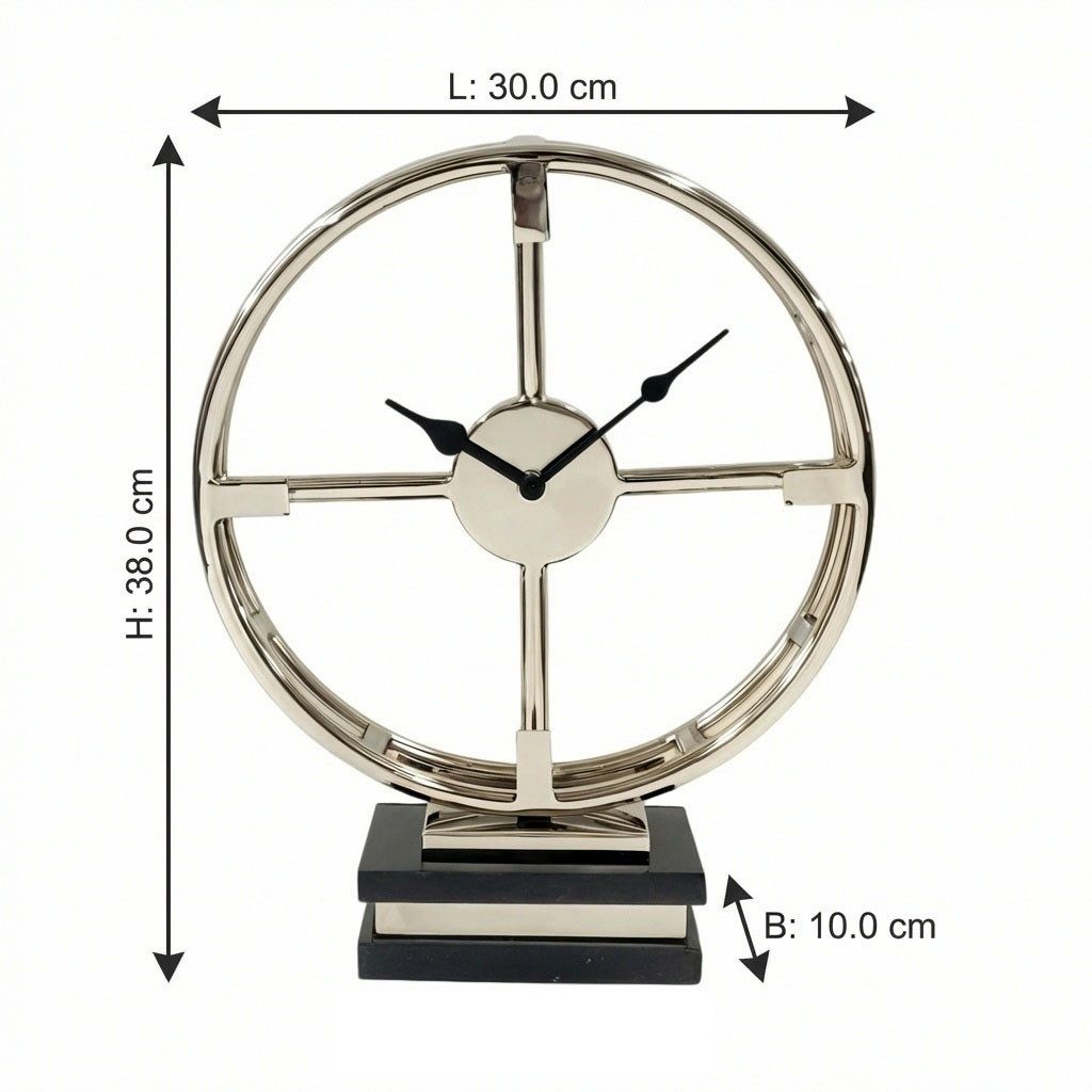 Antikas Wanddekoobjekt Hochwertige Tischuhr Nickel poliert, offenes Ringdesign, Marmorsockel