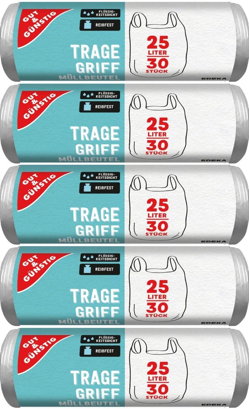Gut & Günstig Müllbeutel Müllbeutel mit Tragegriff, 25 Liter, 30 Stück pro Rolle, reißfest, Flüssigkeitsdicht, Produkt & Verpackung recyclebar
