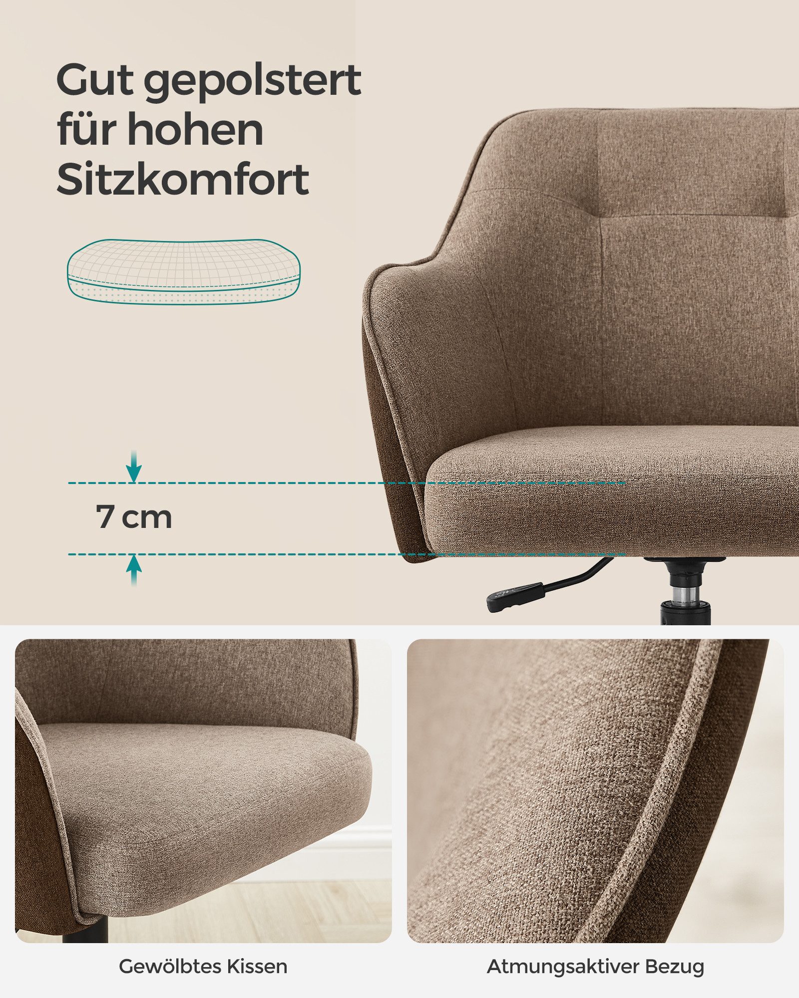 SONGMICS Bürostuhl 2er Set Ergonomischer Schreibtischstuhl mit Rollen (1 St), bis 110 kg belastbar, Homeoffice Stuhl, atmungsaktiver Stoff – Bild 5 von 5