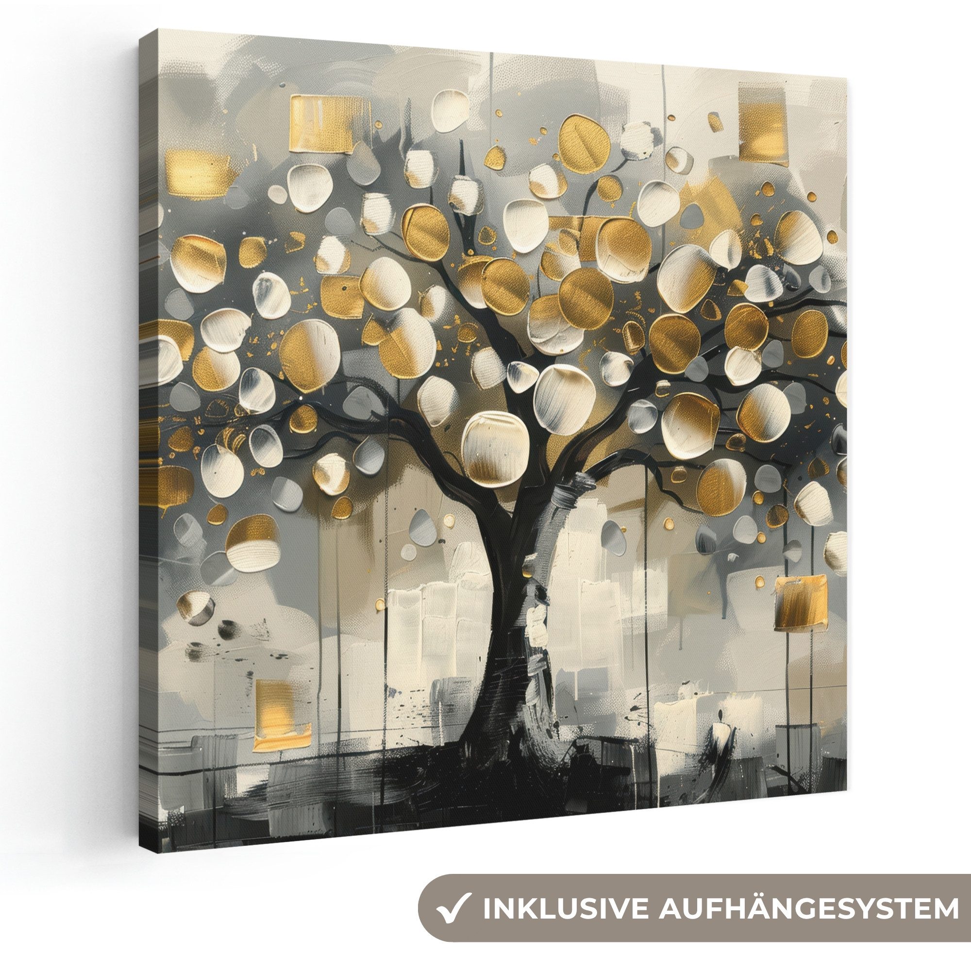 OneMillionCanvasses® Leinwandbild Baum - Abstrakt - Beige - Gold - Schwarz, Fotodruck (1 St), Wandbild, Deko Schlafzimmer Wohnzimmer Flur 20x20 cm