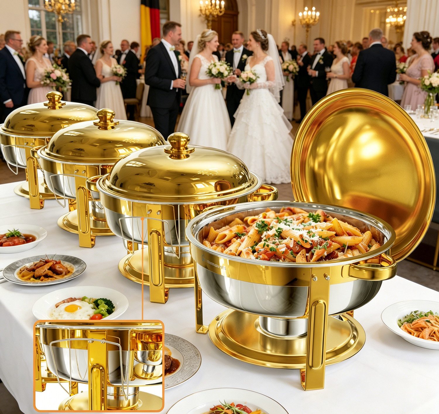 Warmounts Speisenwärmer 6,2L Buffetwärmer Edelstahl Rund Gold, (4-tlg., 6,5QT Buffet Warmhalter Set), mit Deckelhalter für Catering, Hochzeit, Party, Spülmaschinengeeignet
