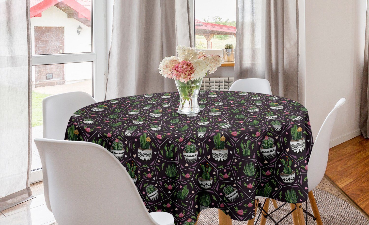 Abakuhaus Tischdecke Kreis Tischdecke Abdeckung für Esszimmer Küche Dekoration, Kaktus Blüte Sukkulenten
