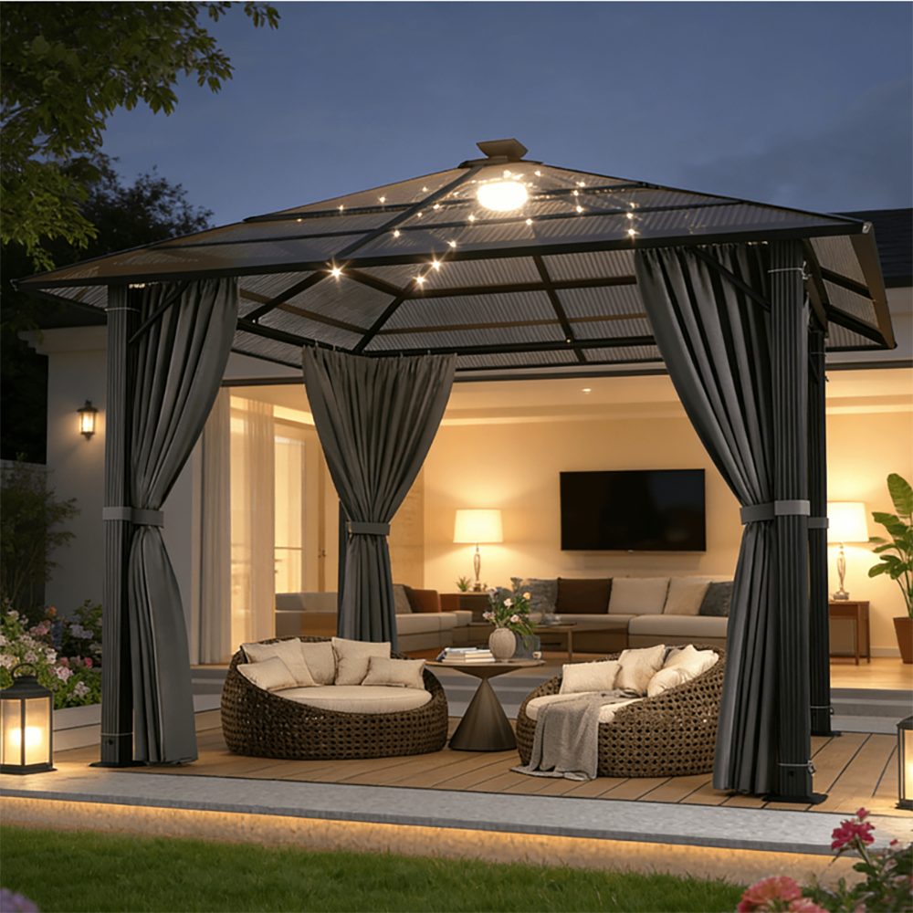 GUNJI Pavillon 3x3/3x4m Gartenpavillon mit 4 Seitenteilen&LED-Beleuchtung, (mit 4 Seitenteilen, Beine aus verdichtetem Aluminium, für Balkon, Terrasse), robustes Aluminiumgestell mit PC-Dach, windfest, stabil und langlebig
