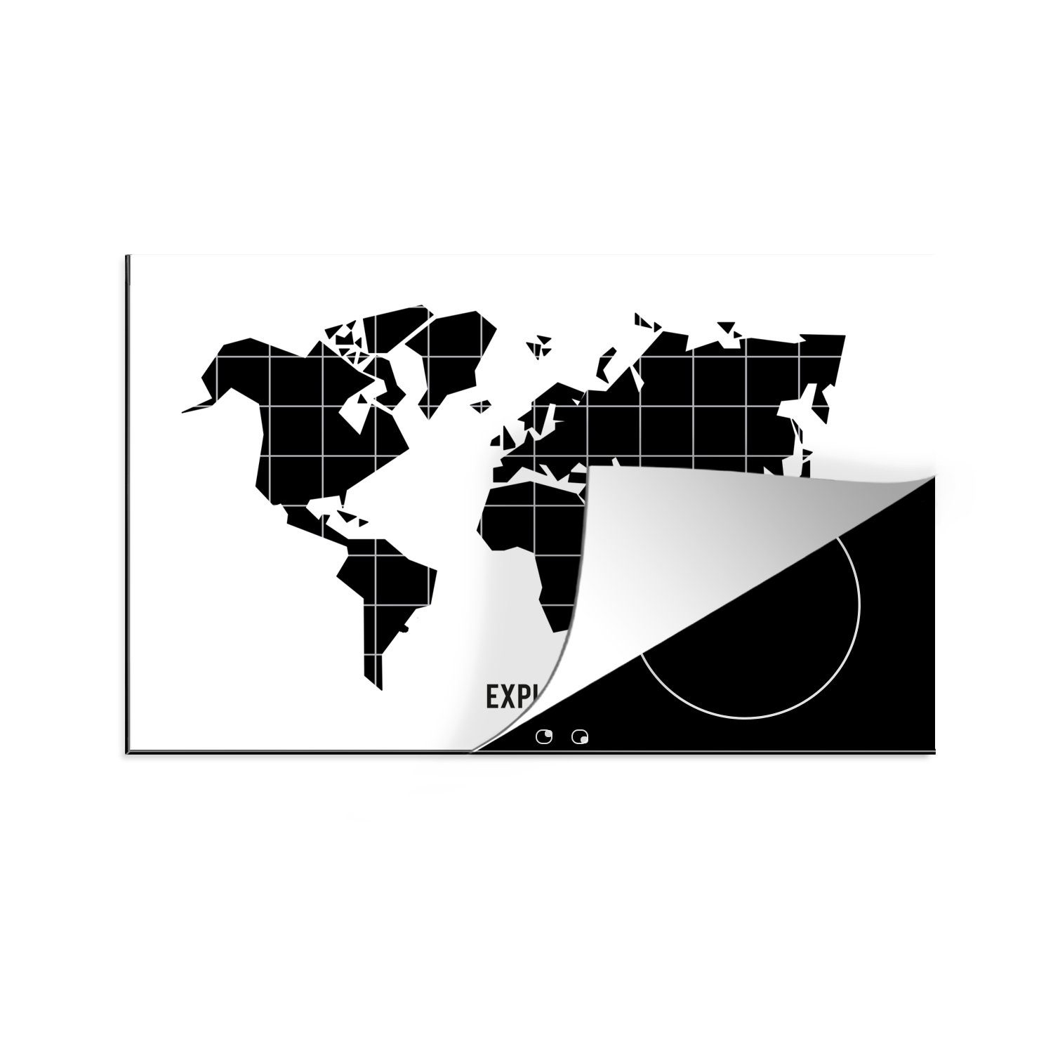 MuchoWow Herdblende-/Abdeckplatte Weltkarte - Trendy - Schwarz, Vinyl, (1 tlg), 81x52 cm, Induktionskochfeld Schutz für die küche, Ceranfeldabdeckung