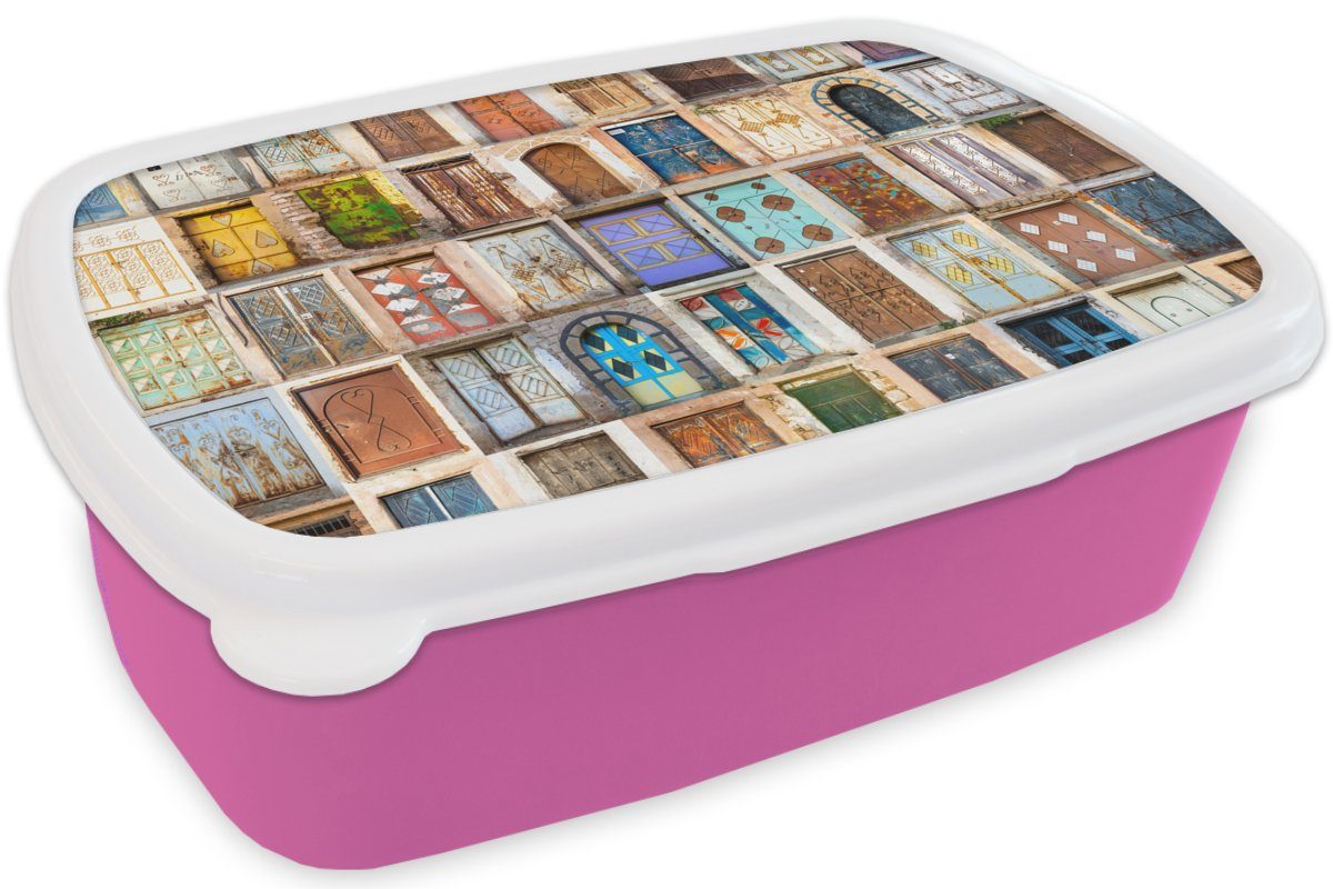 Türen rosa Lunchbox für - (2-tlg), Mädchen, - Snackbox, Erwachsene, Brotbox MuchoWow - Kunststoff, Kinder, Collage, Vintage Architektur Kunststoff Brotdose