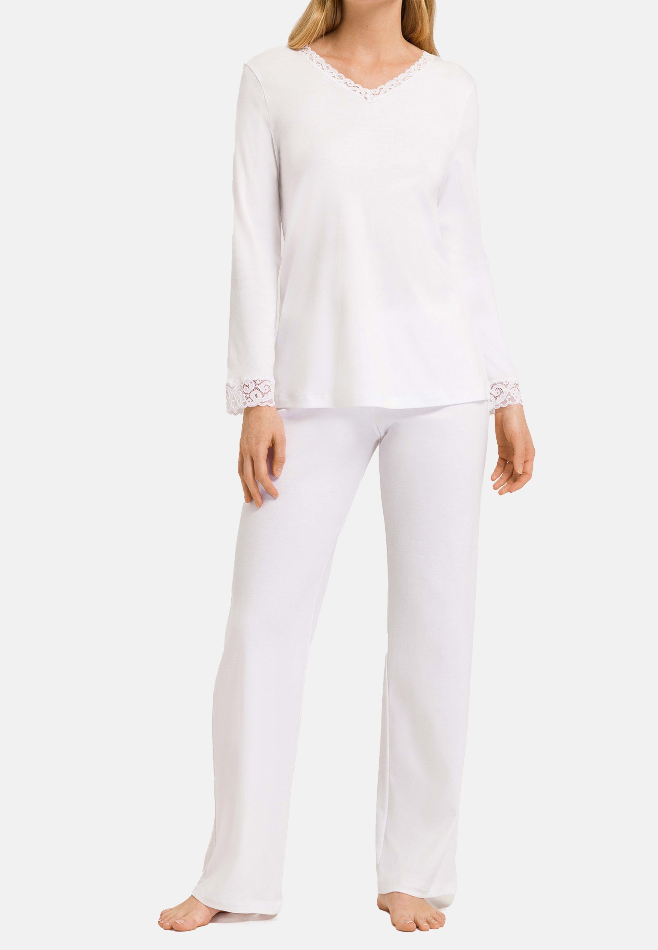 Hanro Pyjama Moments (Set, 2 tlg) Schlafanzug - Baumwolle - Set aus langer Hose und Langarm Shirt White