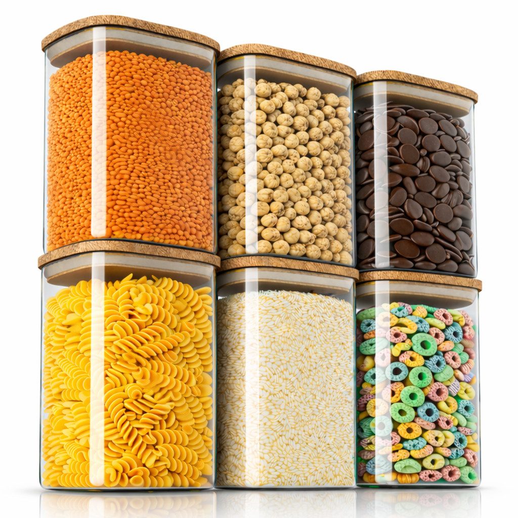 Arendo Aufbewahrungsbecher Glasbehälter-Set 6x 1,2 L Borosilikatglas mit Bambusdeckel, luftdicht, Borosilikatglas; Bambus; Silikon, (Vorratsbehälter-Set, 6-tlg., 6er Set), Vorratsdosen, Vorratsgläser, Hitzebeständig, mikrowellengeeignet