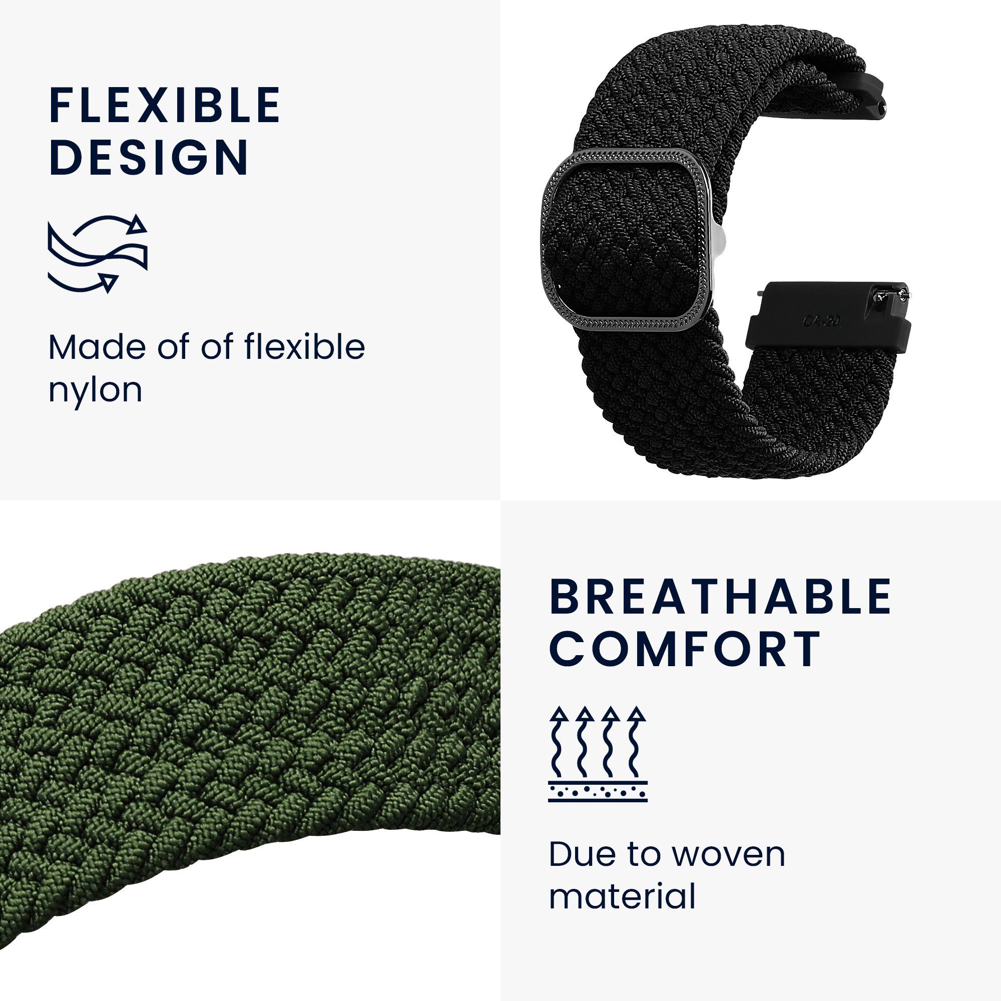 kwmobile Armband für Huawei Watch GT3 (42mm) / Watch GT2 (42mm) / Watch 2 Smartwatch, 2-tlg., Nylon Fitnesstracker Sportarmband Band - Innenmaße von 19 - 20 cm