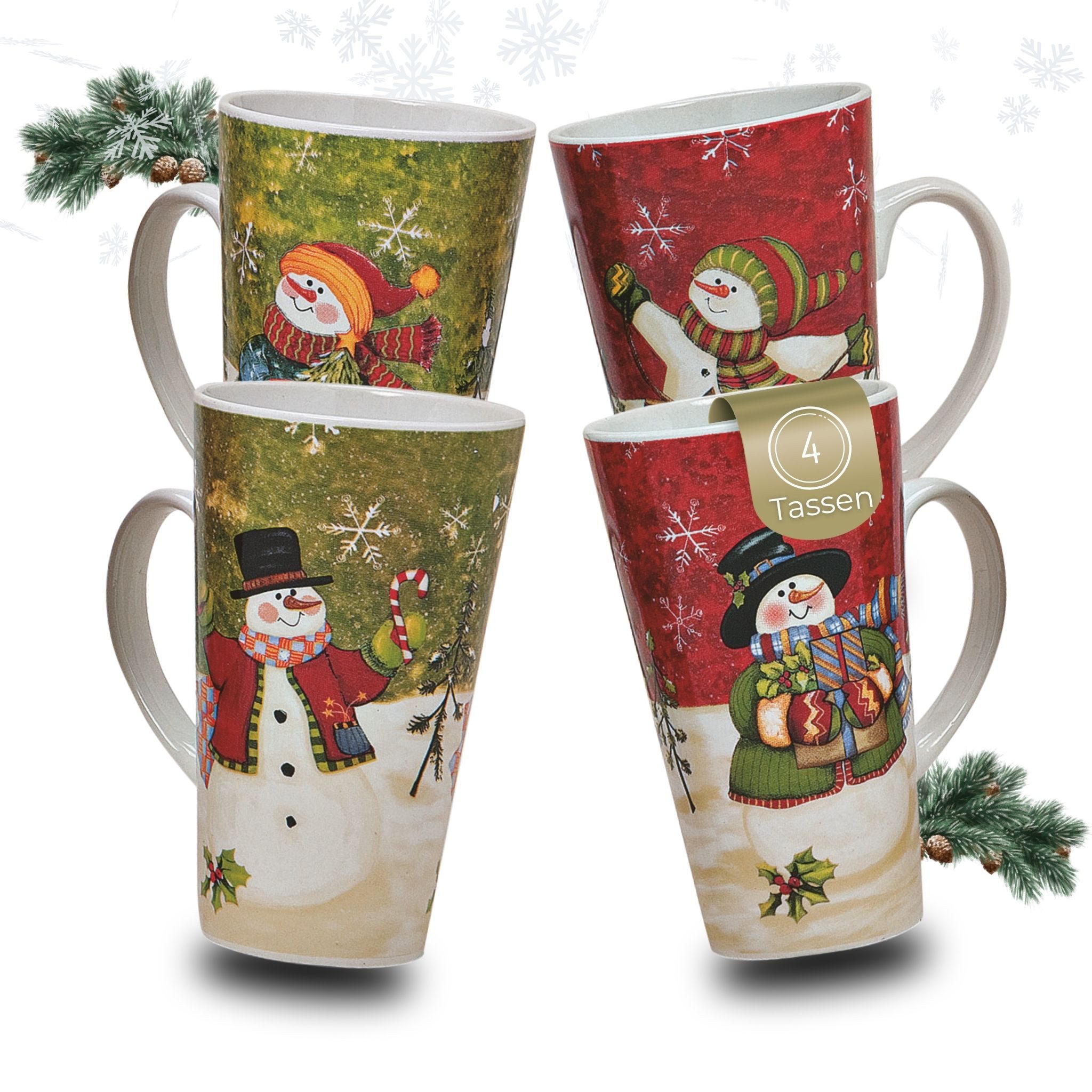 matches21 HOME & HOBBY Tasse Große Weihnachtstassen 4er Set Schneemann Ambiente rot grün, 4-tlg., Keramik, Hohe 450 ml Keramik Kaffee-Tassen bunte Weihnachtsmotive