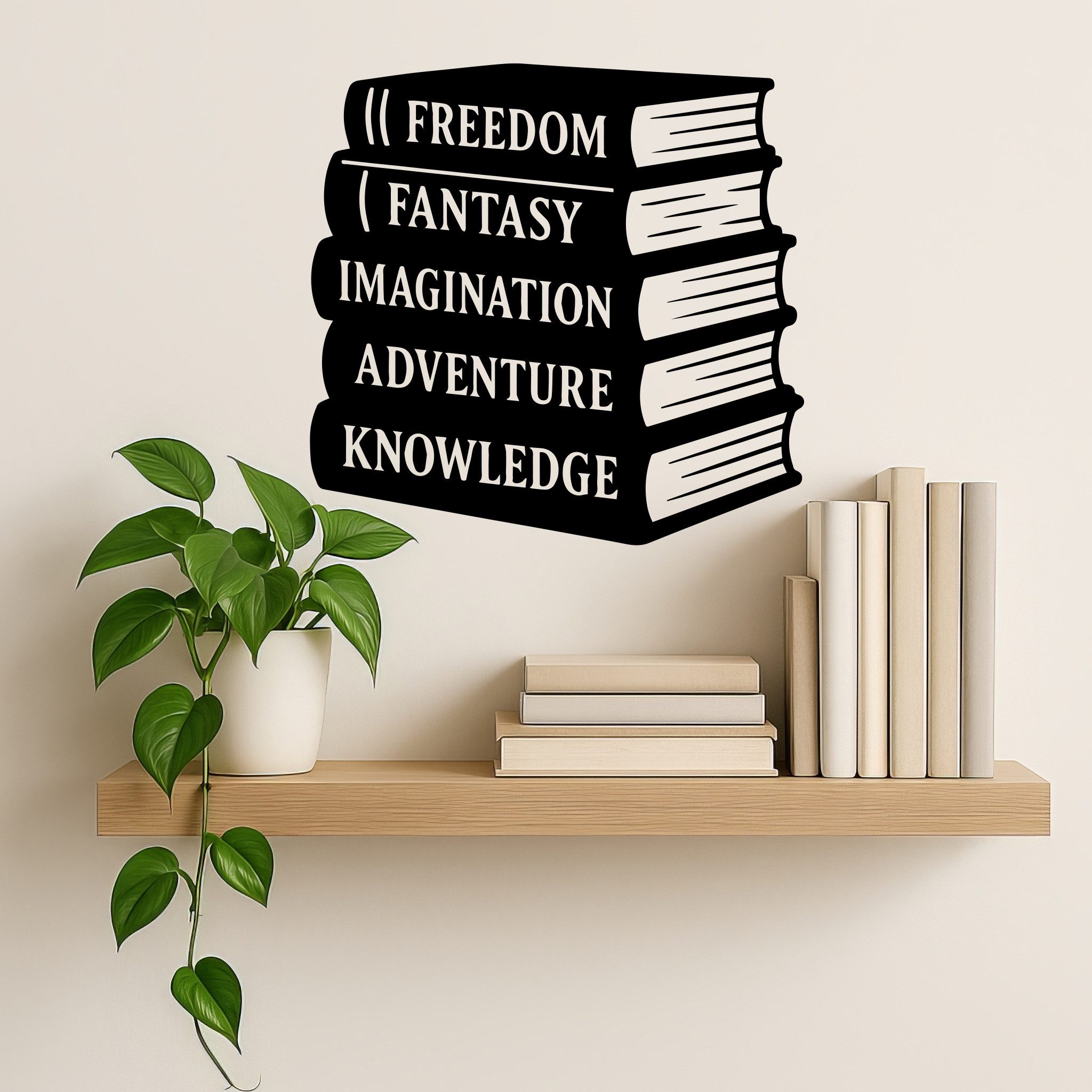 Sunnywall Wandspruch Wandtattoo Bücherstapel Buch – Freedom, Fantasy, Adventure, selbstklebend, konturgeschnitten, rückstandslos entfernbar