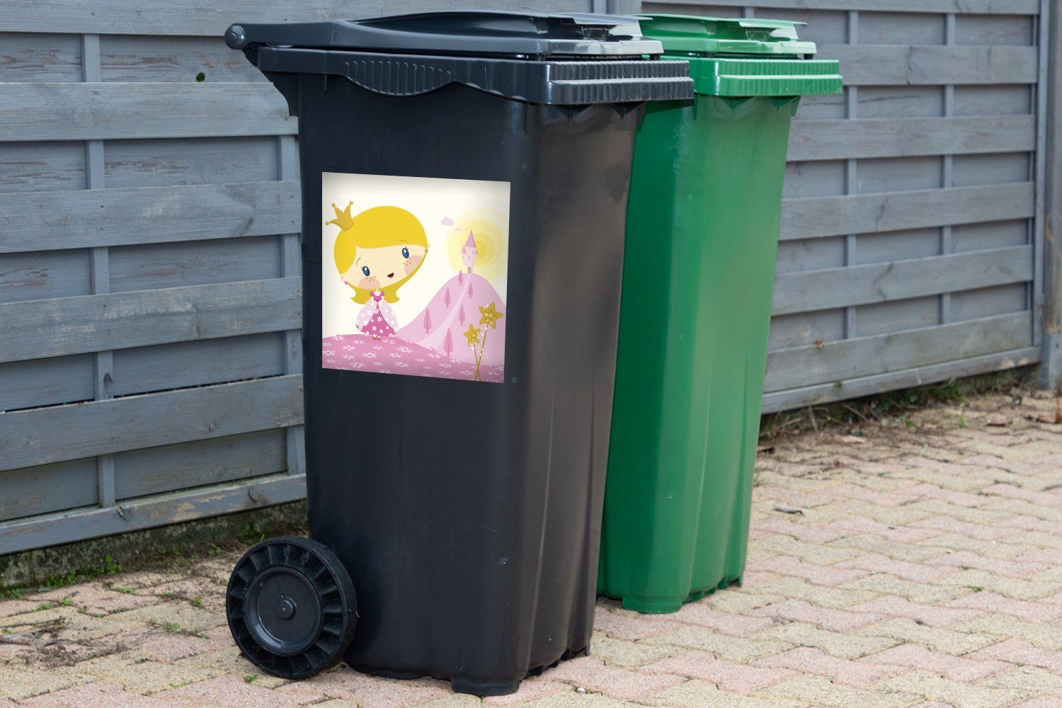 Wandsticker (1 MuchoWow Paar Illustration mit Abfalbehälter Feenstöcke Mülleimer-aufkleber, einer Prinzessin Sticker, einem Mülltonne, Container, St),