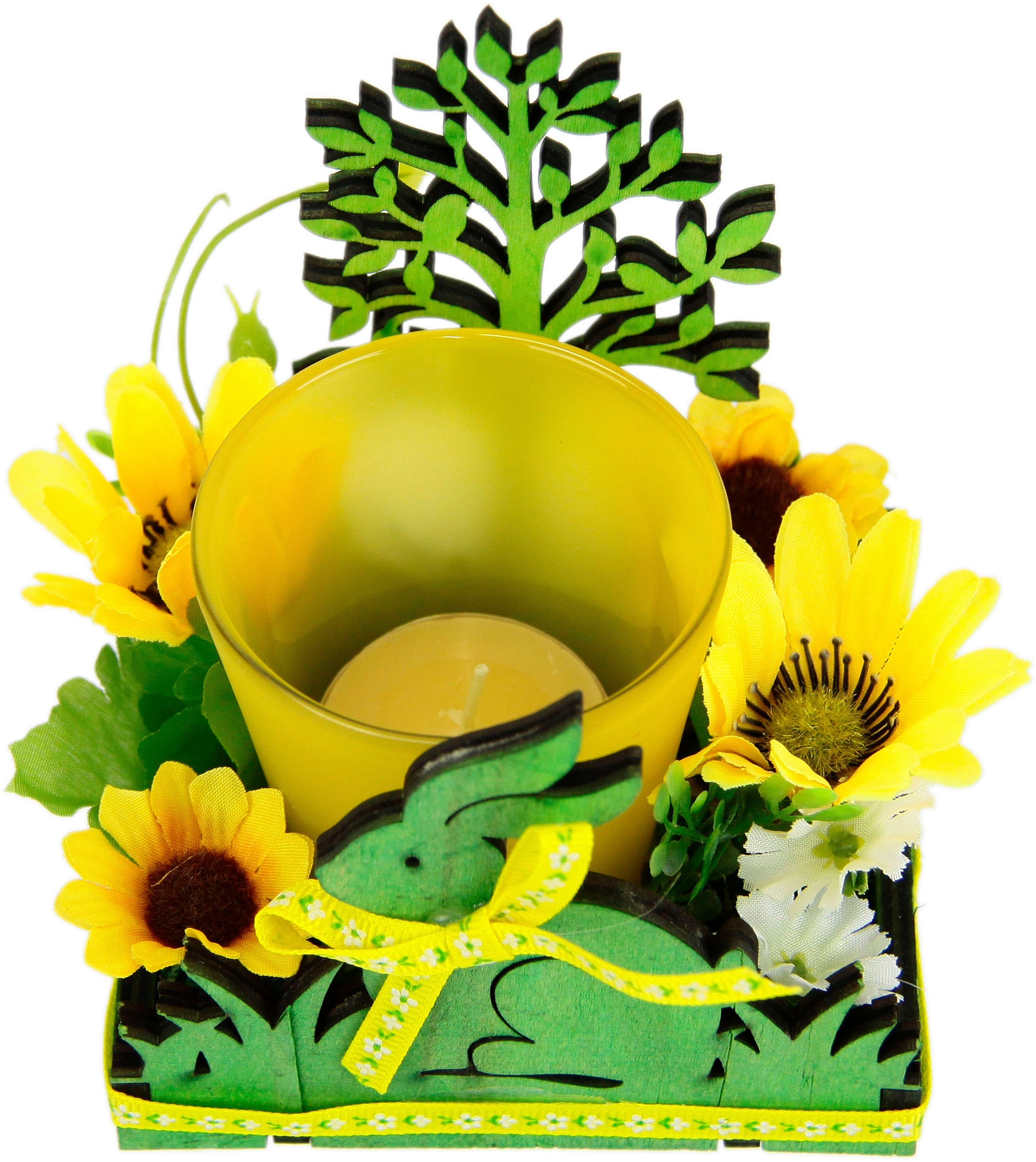 I.GE.A. Teelichthalter Hase, 2er Set Windlicht Osterhase Glas Holz Kerzenleuchter Frühlingskranz 3D