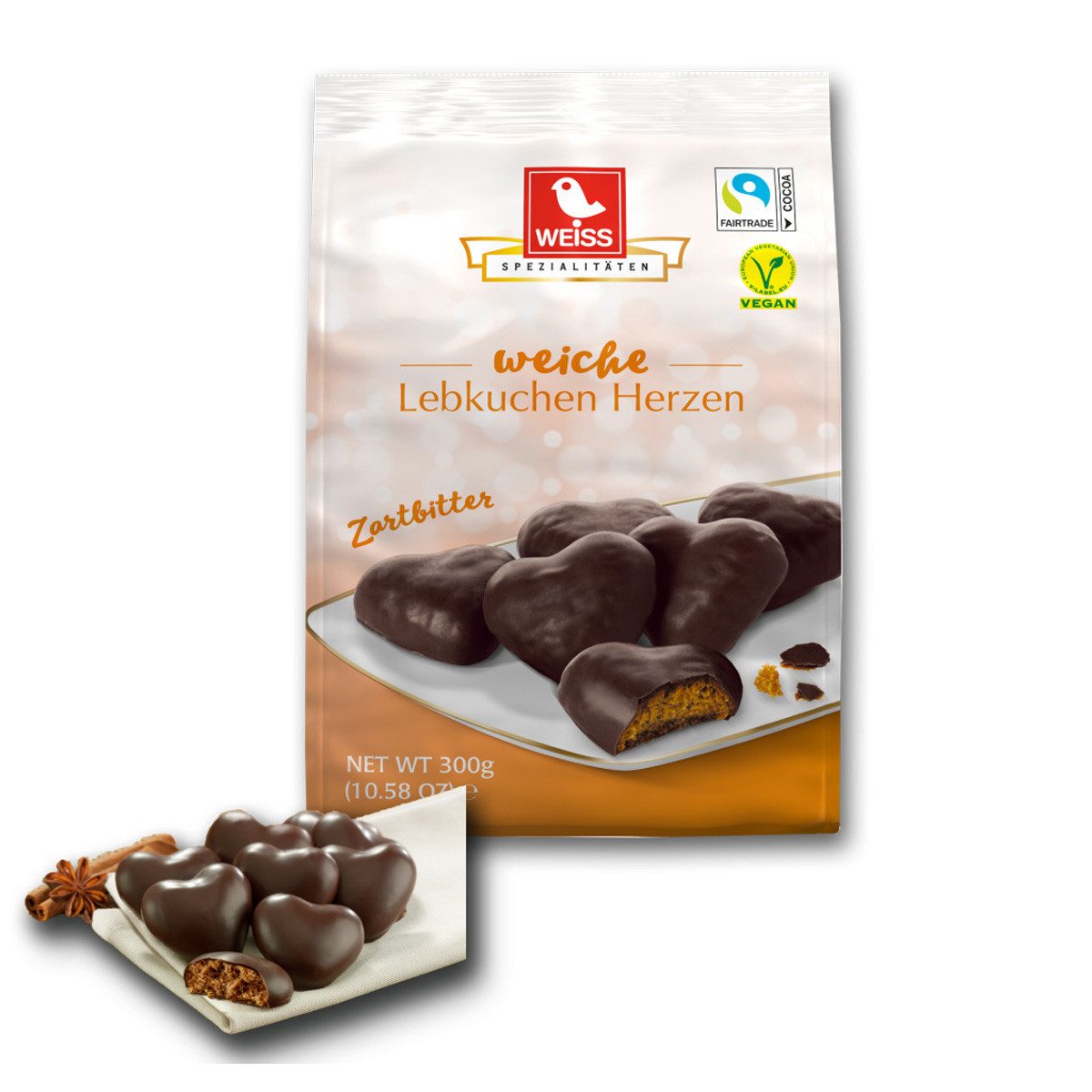 WEISS Süßigkeit, Weiss Weiche Lebkuchen Herzen überzogen mit Zartbitterschokolade 300g