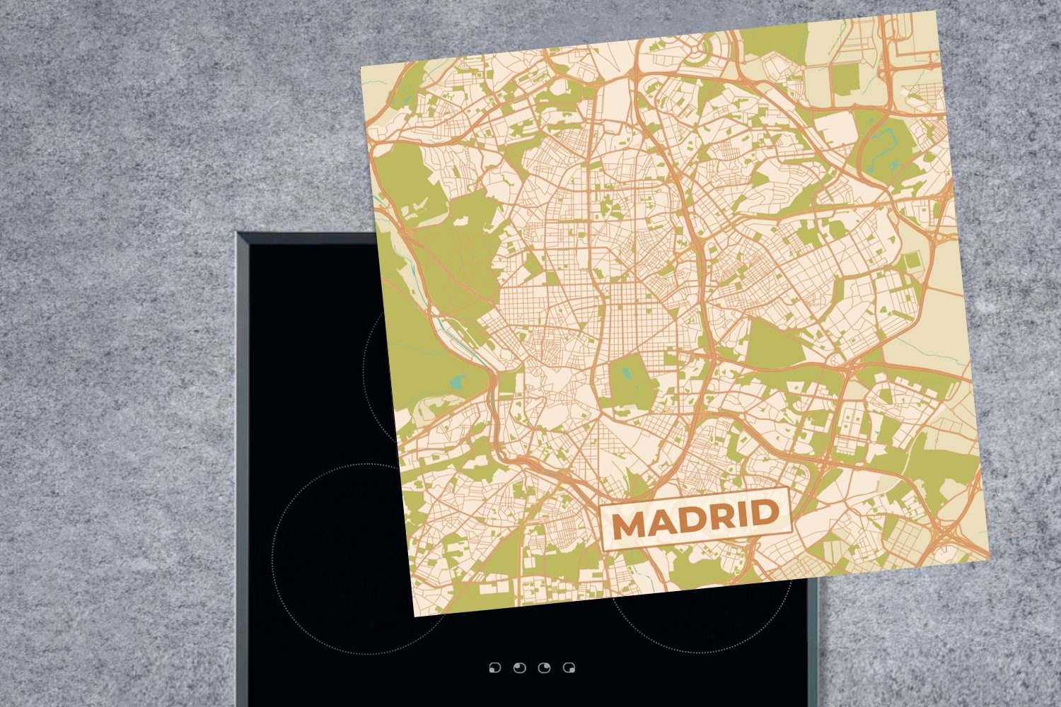 Vintage, Herdblende-/Abdeckplatte MuchoWow - - Madrid cm, tlg), küche für Ceranfeldabdeckung, - Stadtplan Arbeitsplatte 78x78 Vinyl, Karte (1