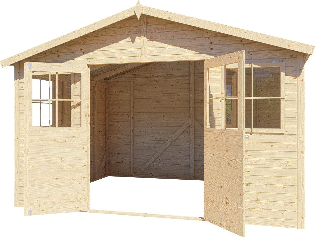 BERTILO Gartenhaus Workshop Smith naturbelassen, BxT: 364x335 cm, Großes Gartenhaus aus exakt vorgefertigten Elementen