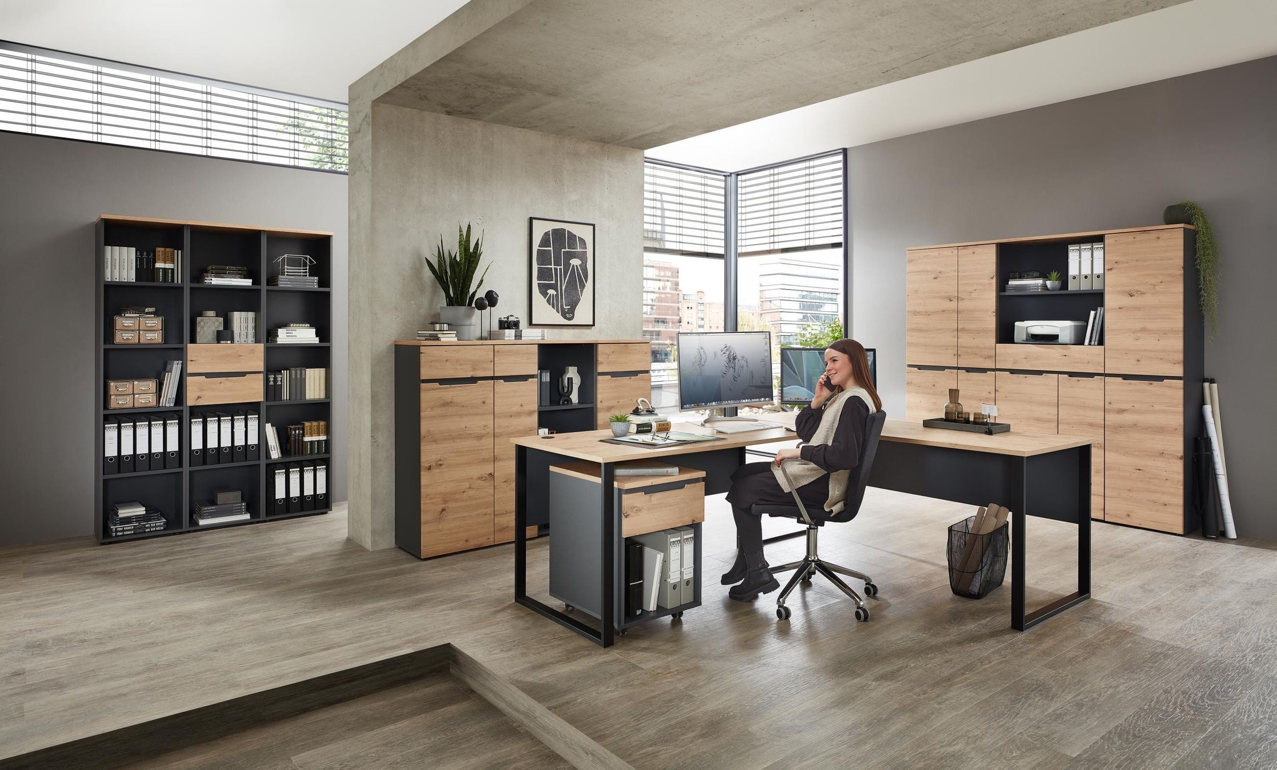 Innostyle Büromöbel-Set Komplettbüro MEMPHIS II 11-teilig Front Artisan Eiche Korpus Graphit, (Komplett-Set, 11-tlg., 5x Schrank, 4x Regal, 1x Schreibtisch, 1x Rollcontainer)