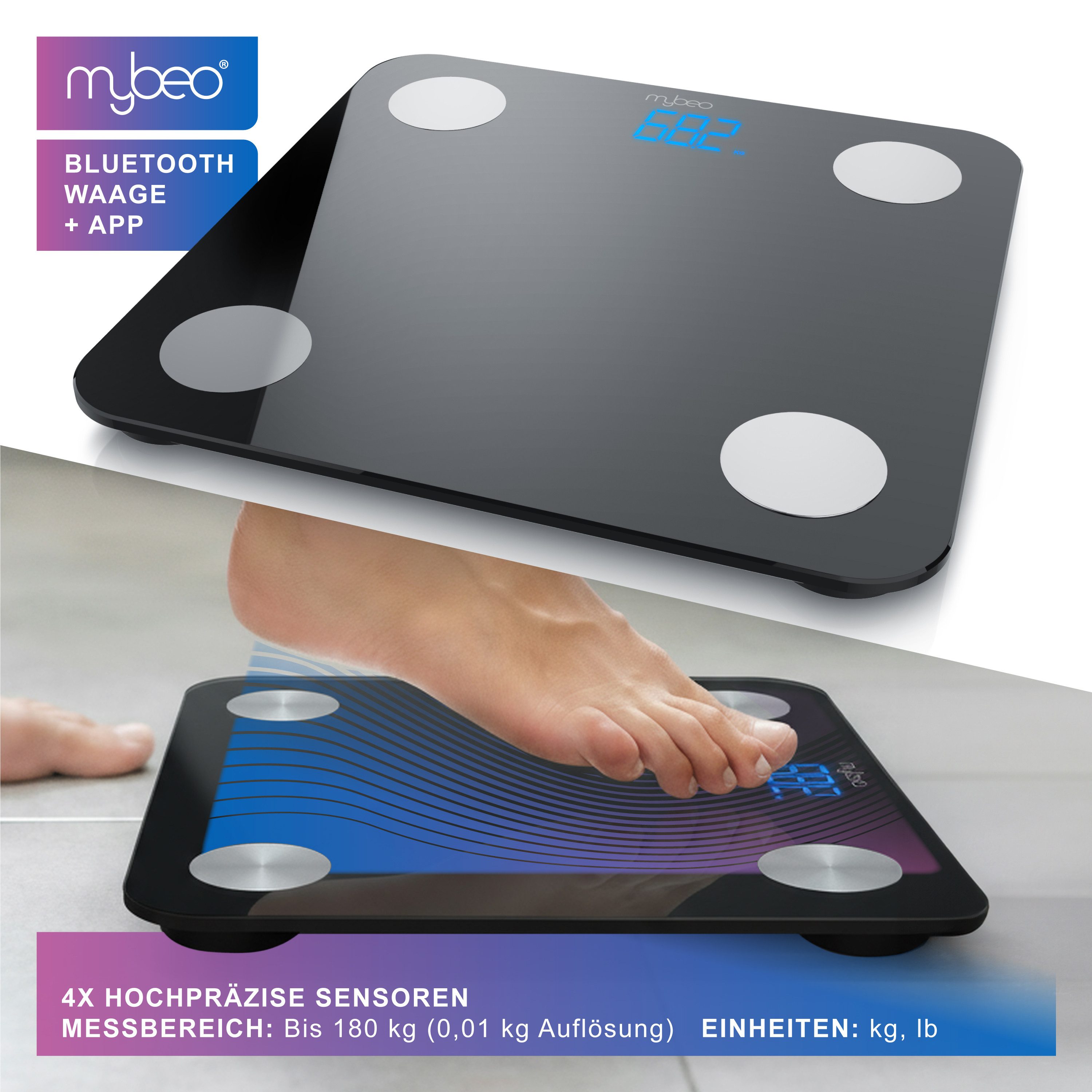 MyBeo Körper-Analyse-Waage Digitale Bluetooth Körperfettwaage, Diagnosewaage mit App-Steuerung, 1-tlg., Multifunktionswaage, BMI, Körperfett, Wasser & Muskelanteil, 5-180 kg