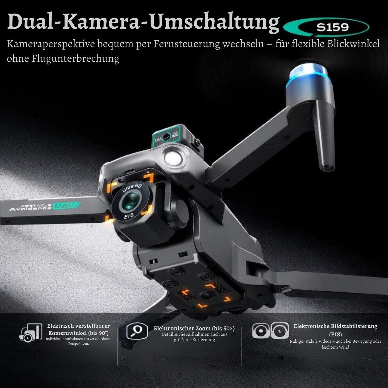 Goldstern-Tech RC-Quadrocopter S159 (GPS Drohne mit Displayfernbedienung, 500m Reichweite, faltbare RC-Drohne mit Dual-Kamera), Auto-Rückkehr, Optical-Flow-Stabilisierung & intelligenten Flugmodi