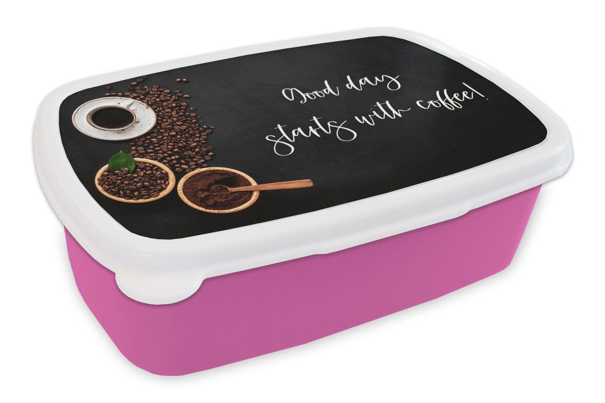 MuchoWow Lunchbox Zitate - Ein guter Tag beginnt mit Kaffee! - Sprichwörter - Kaffee, Kunststoff, (2-tlg), Brotbox für Erwachsene, Brotdose Kinder, Snackbox, Mädchen, Kunststoff rosa