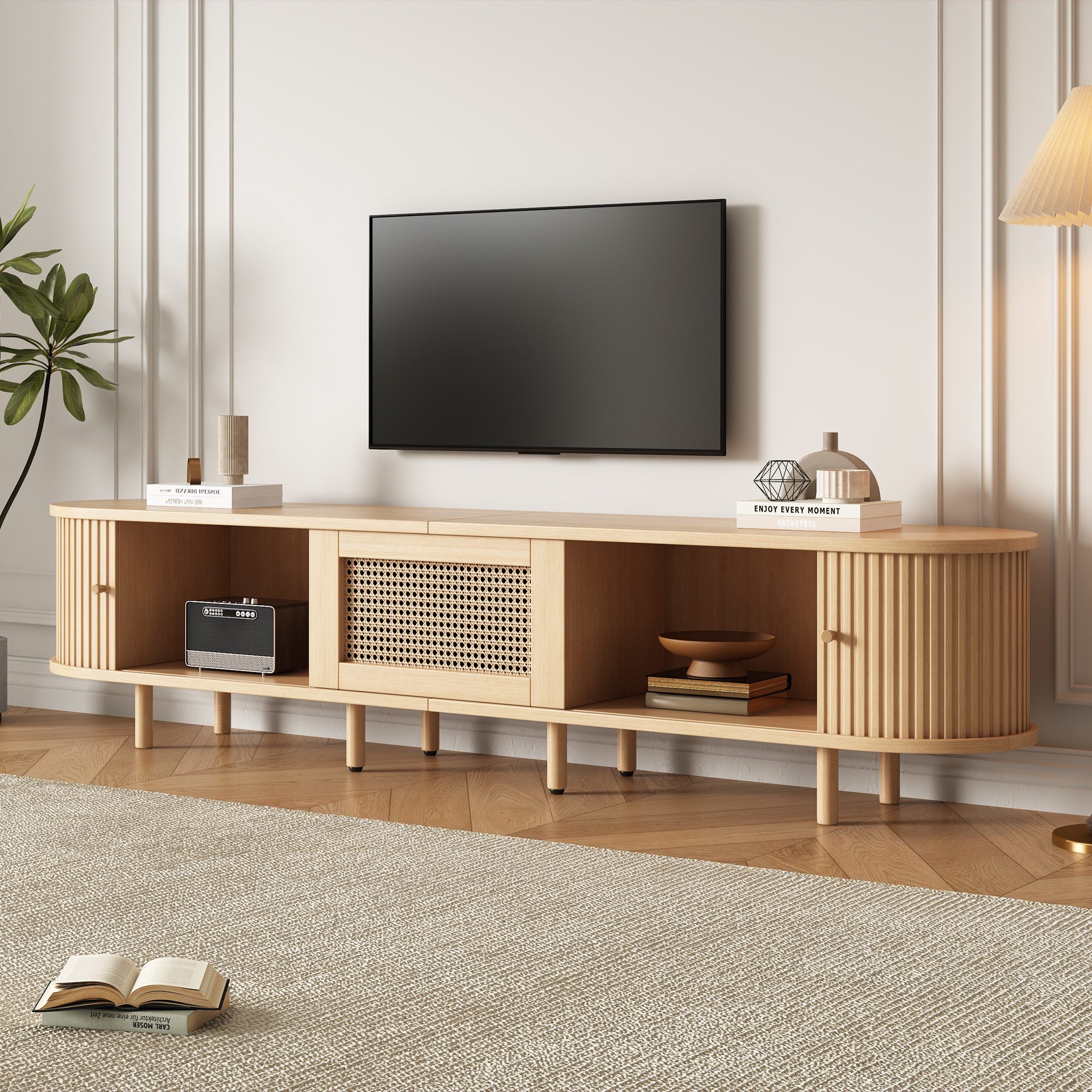 Merax Lowboard Ovaler TV-Schrank mit goldenen Griffen & Rattan-Design in Walnuss (1 St., 180x40x40 cm), TV-Lowboard mit Schublade Schiebetüren & verstellbaren Massivholzfüßen