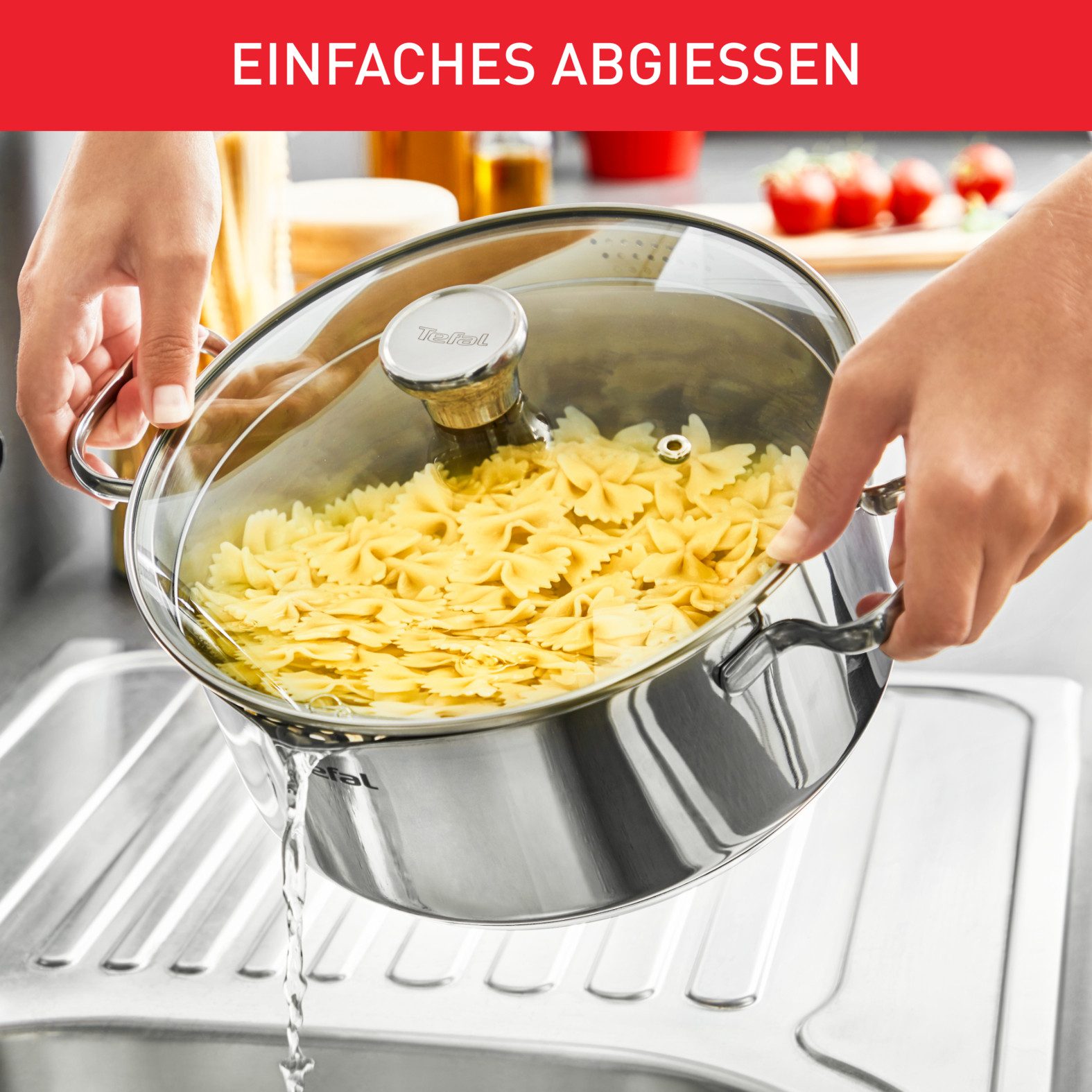 Tefal Topf-Set Duetto Induktion, robust und hochwertig, Induktions Töpfe Set, Edelstahl (Set, 9-tlg., 1x Stielkasserolle 16 cm, je 1 Kochtopf mit Deckel 18/20/22/24 cm), mit Siebdeckel, für alle Herdarten geeignet