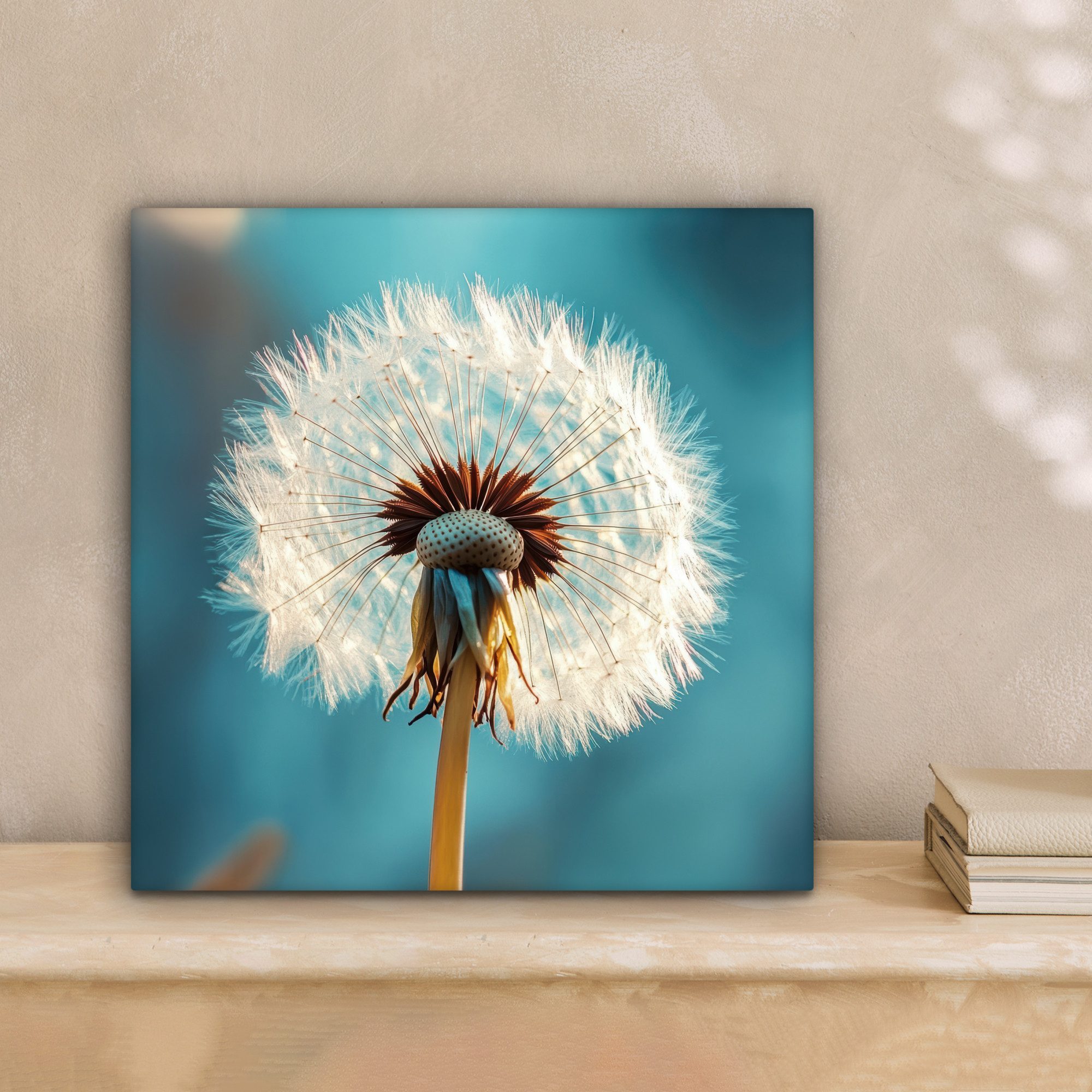 OneMillionCanvasses® Leinwandbild Löwenzahn - Natur - Blumen - Blau, Fotodruck (1 St), Wandbild, Deko Schlafzimmer Wohnzimmer Flur 20x20 cm