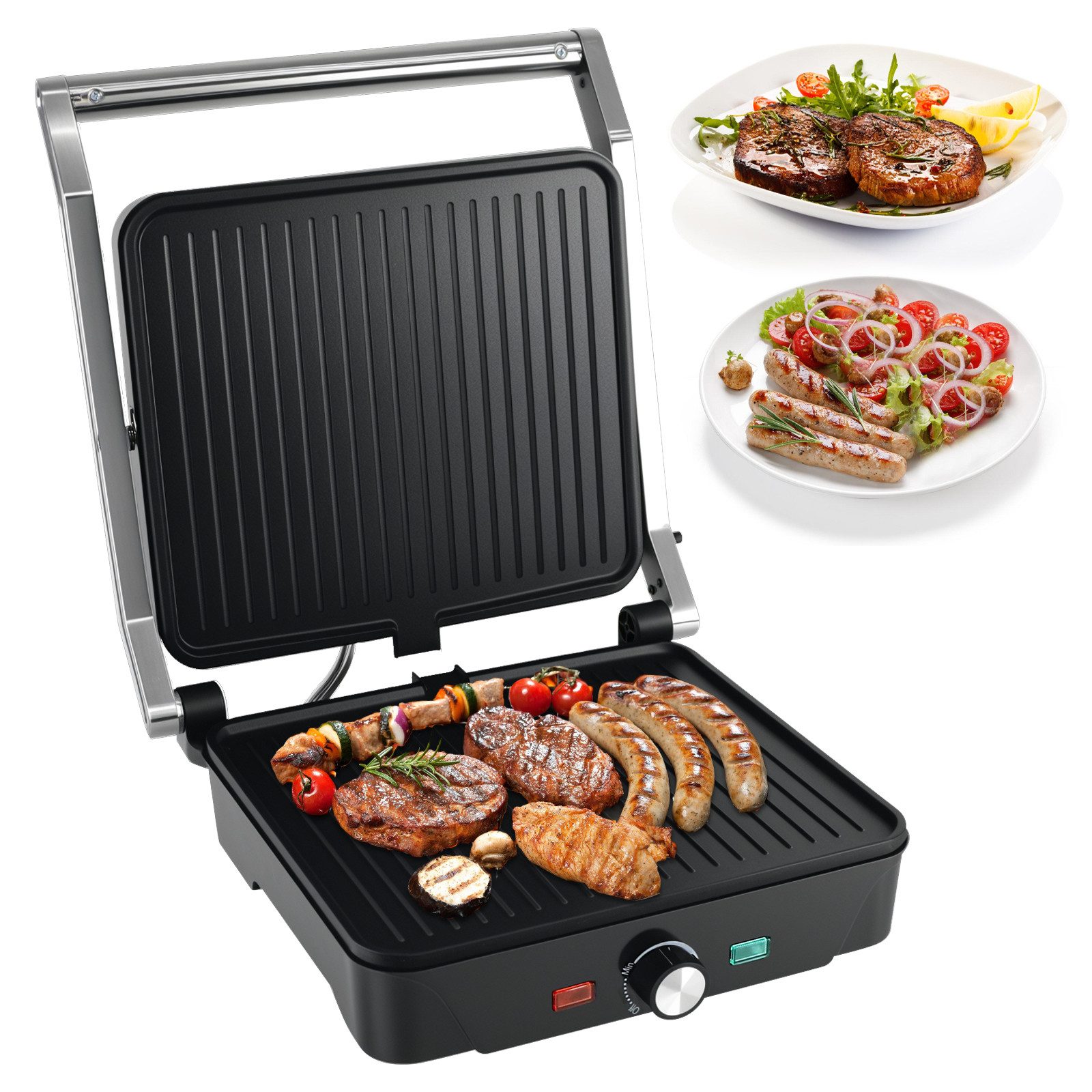 kisidus Kontaktgrill Elektrischer Tischgrill, Paninimaker, Antihaftbeschichtetete Platten, 2000 W, sandwichtoaster, 180° Öffnung, Fettarmes Grillen