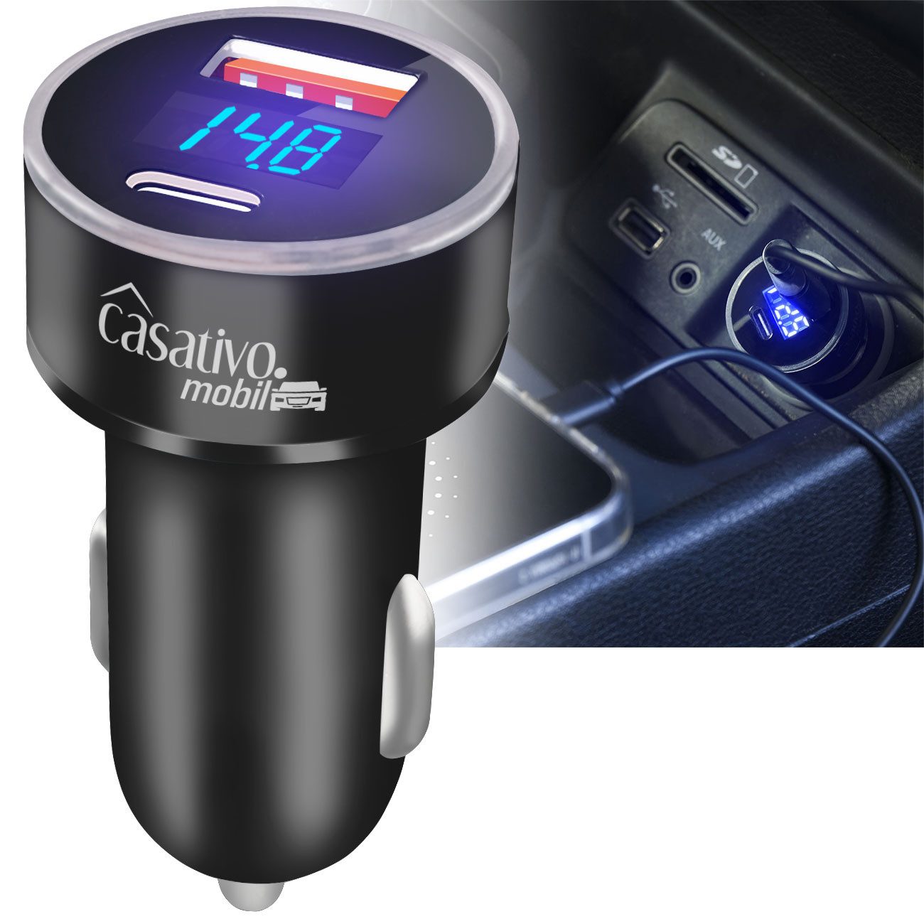 Casativo Dual Kfz USB Ladegerät 38W USB-C PD & USB-A QC Schnellladestecker KFZ-Adapter Zigarettenanzünder-Stecker (Kfz-Bordnetzstecker) zu USB-C (Type C), USB-A, LED-Spannungsanzeige/ Digital-Display/-Messbereich 7 - 36 Volt