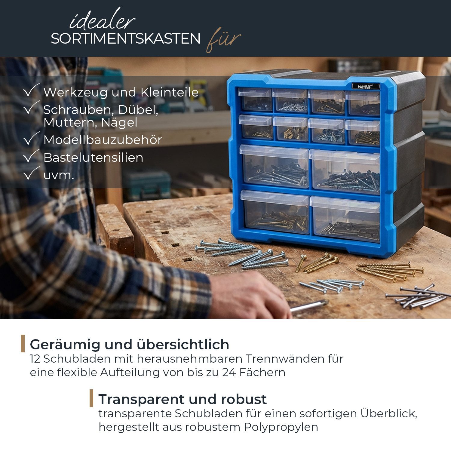 HMF Sortimentskasten Sortierbox für Kleinteile mit 12 Schubladen, Sortimentskasten für, Schrauben und Werkzeug, 24 Fächer, 26,5 x 26,5 x 16 cm, Blau-Schwarz