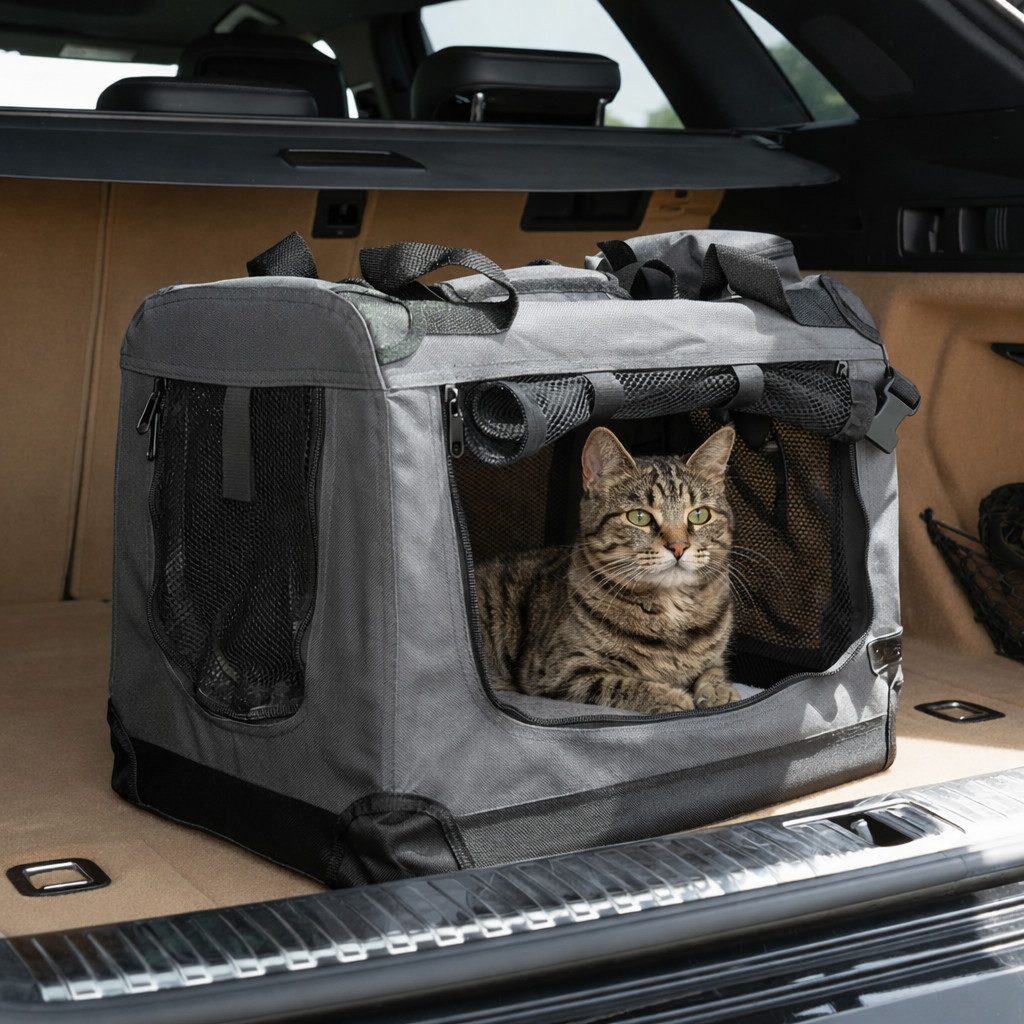 belviona Tiertransporttasche für Katzen, faltbar mit Mesh-Fenstern, 50x34x36 cm, dunkelgrau bis 10 kg, leichte & stabile Katzentransportbox mit Innenkissen & Taschen