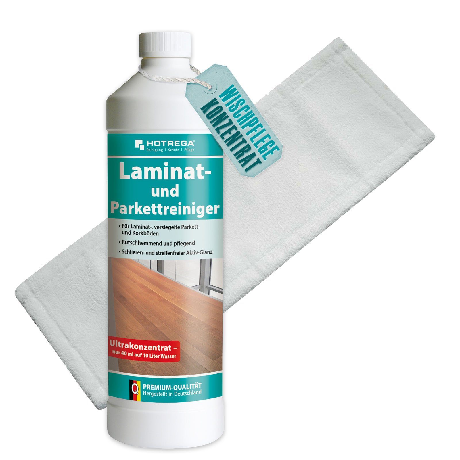 HOTREGA® Laminat und Parkett Pflege Reiniger 1L Konzentrat inkl Microfasermopp Laminatreiniger