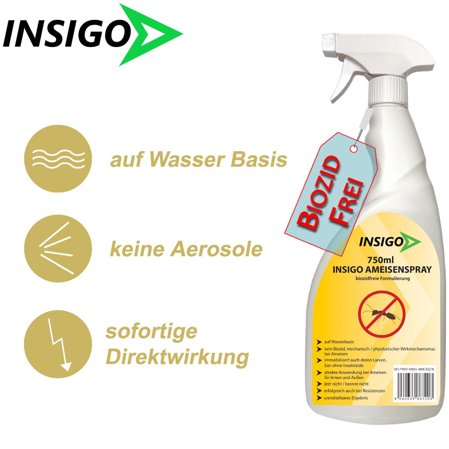 INSIGO Insektenspray Ameisen Spray gegen Ameisen, Larven & Eier, 0.5 l, 500 ml, 1-St., biozidfreie Formel, auf Wasserbasis, geruchsarm, brennt / ätzt nicht