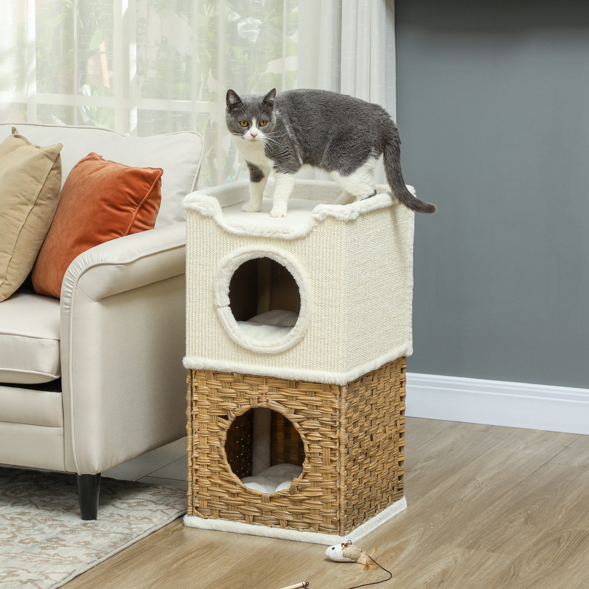 PawHut Kratzbaum 75,5 cm hoch, dreistöckig, mit Plüschrand, Kissen, Katzenhöhle, für mittelgroße Katzen, Cremeweiß