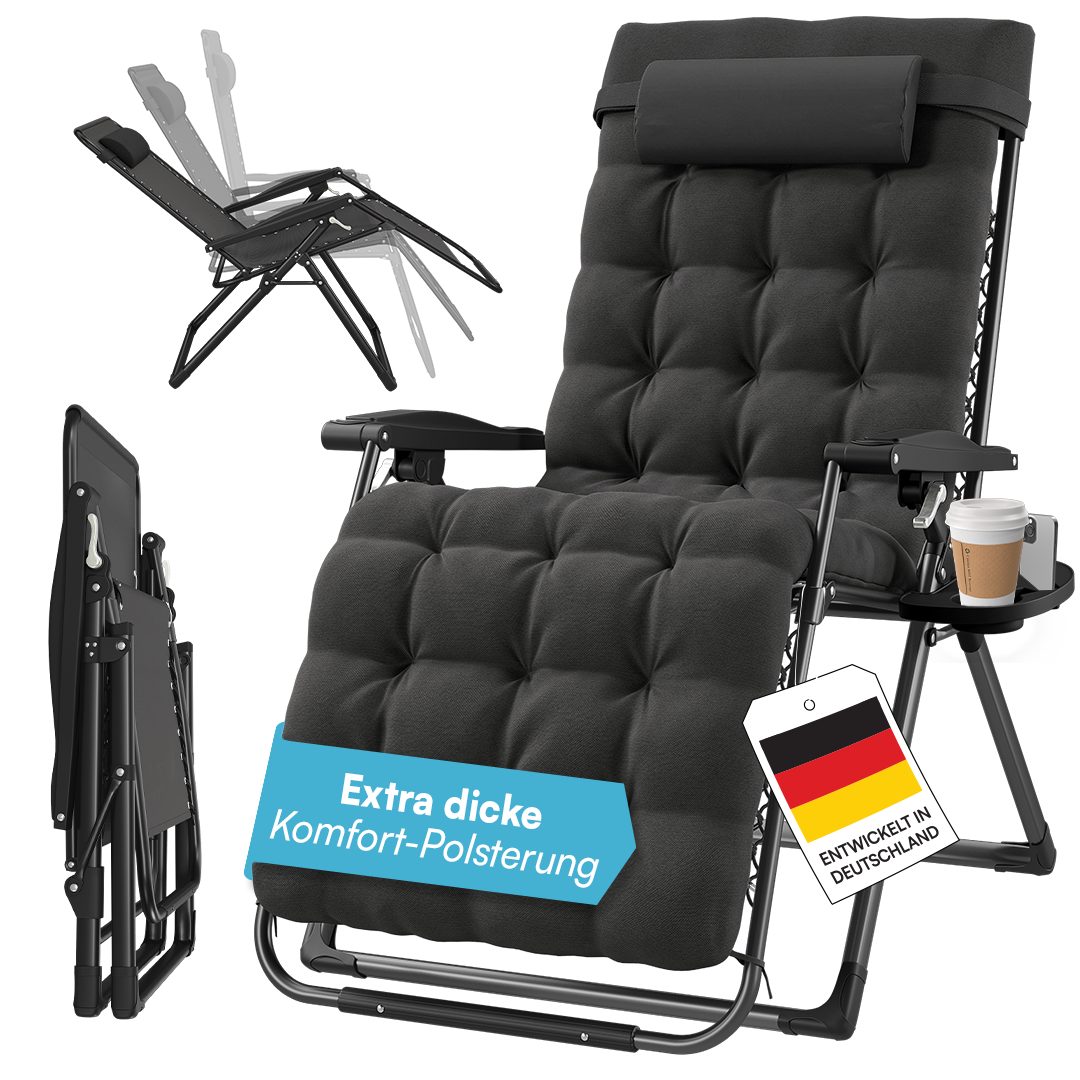 STEELSØN Gartenliege Lysira klappbarer Zero-Gravity-Stuhl, schwarz/schwarz, outdoor Liegestuhl, mit atmungsaktiven Polsterauflagen, Sonnenliege mit Getränkehalter