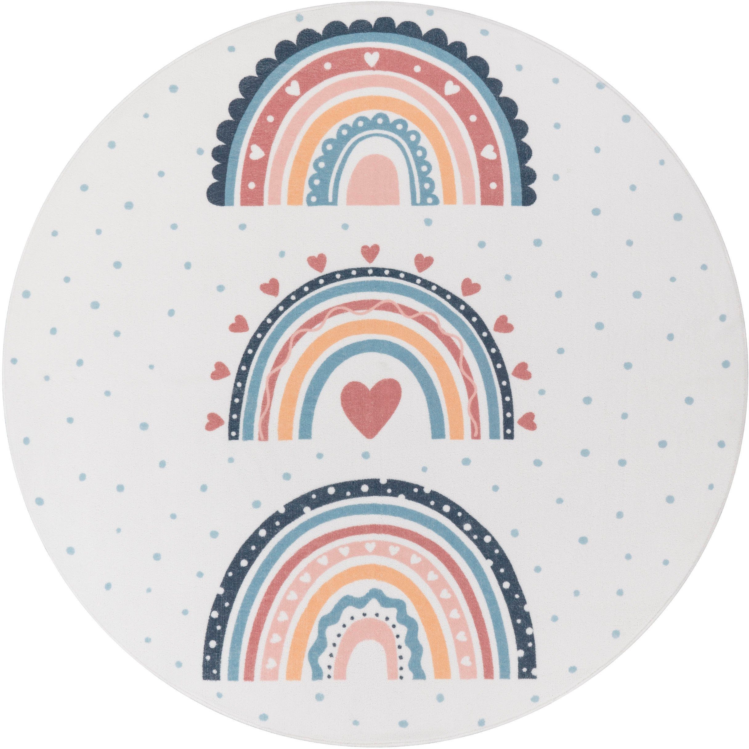 Kinderteppich Eliz 392, Paco Home, rund, Höhe: 12 mm, Kurzflor, Spielteppich, Patchwork-Muster, Motiv Punkte & Regenbogen