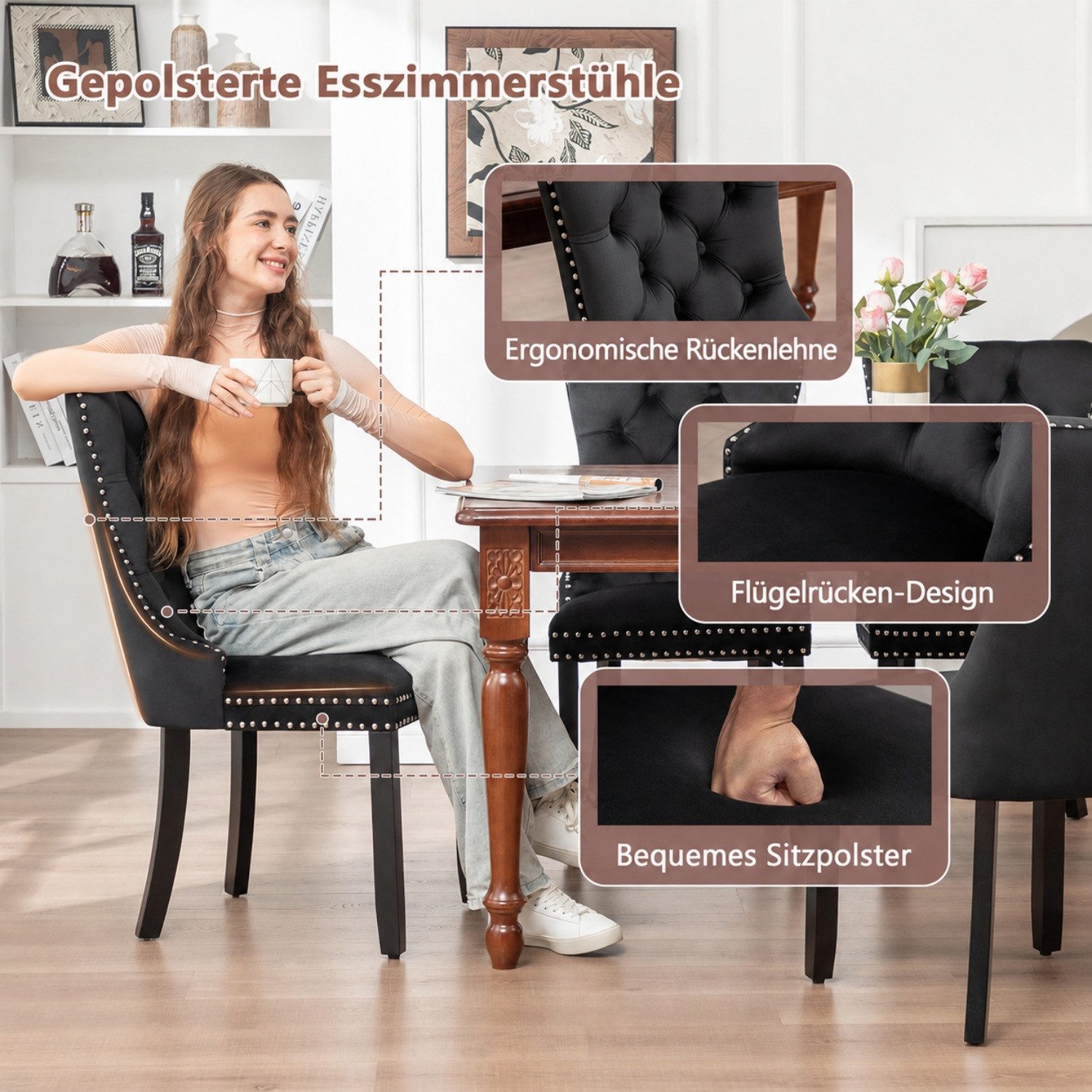 ANYSUN Esszimmerstuhl Esszimmerstühle,2/4/6 er-Set Samt Chesterfield,bis 130 kg,French Style (Polsterstühle mit Knopfheftung & Ziernieten, Massivholz Rubberwood – Bild 5 von 5