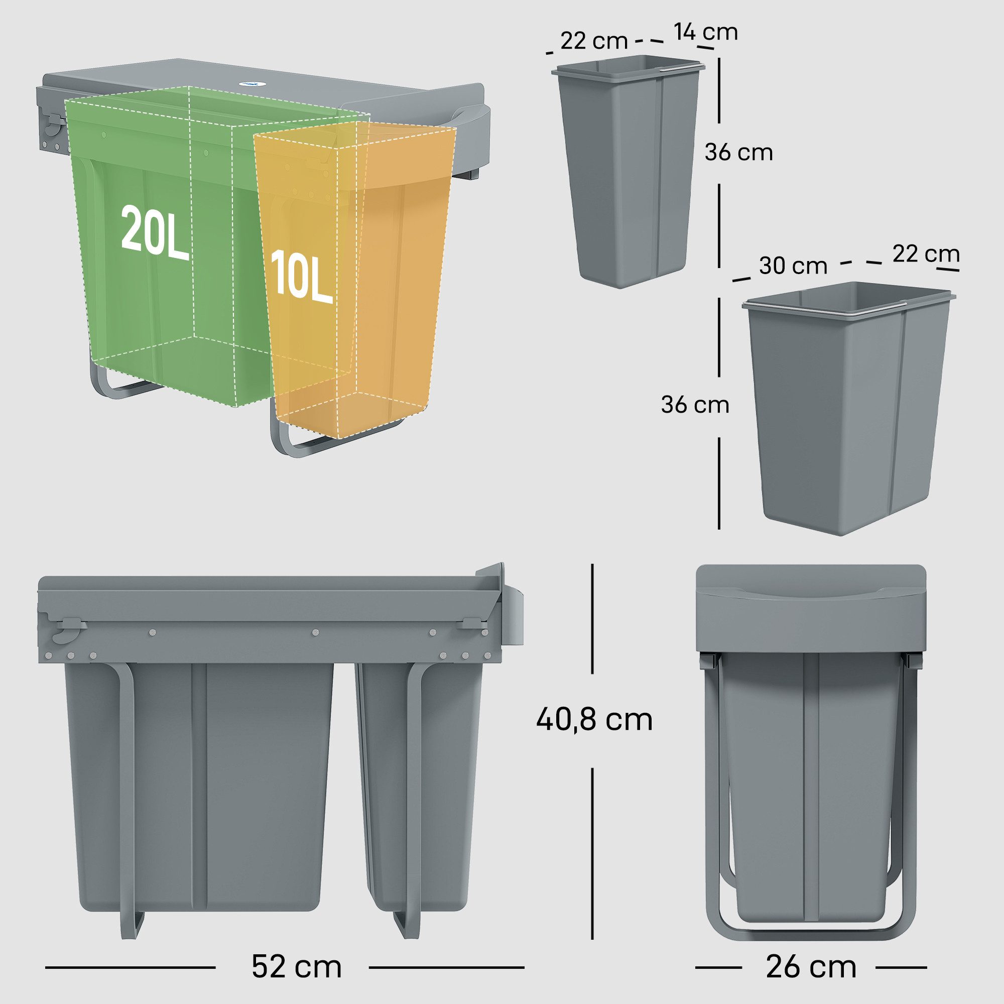 HOMCOM Einbaumülleimer Abfallsammler Ausziehbar 20 L+10 L+10 L, 3 herausnehmbaren Fächern, Doppelbehälter, Grau