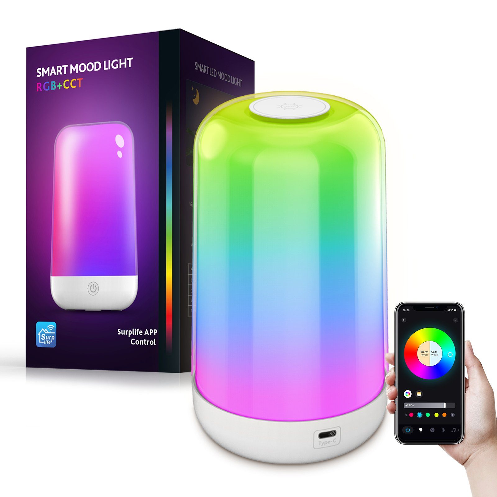 Rosnek LED Nachtlicht Smart, Bluetooth, RGB, wiederaufladbar, für Schlafzimmer Kinderzimmer, RGB+CCT, Batterie, App/Touch-Steuerung