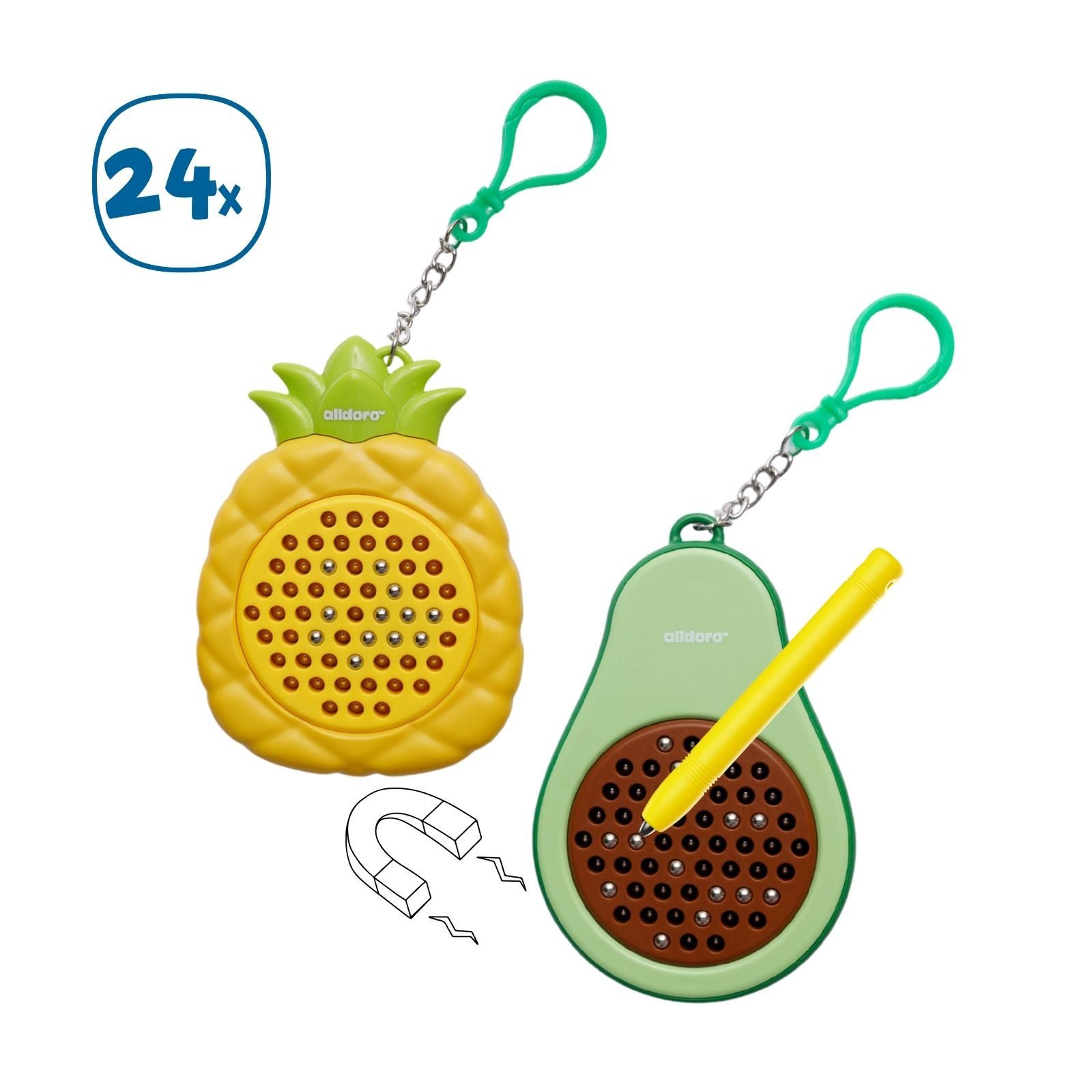 alldoro Zaubertafel 24x Mini Magnetspiel für Kinder, 12x Avocado, 12x Ananas als Anhänger, magnetische kleine Zaubertafel zum Malen & Gestalten, Mini-Reisespiel