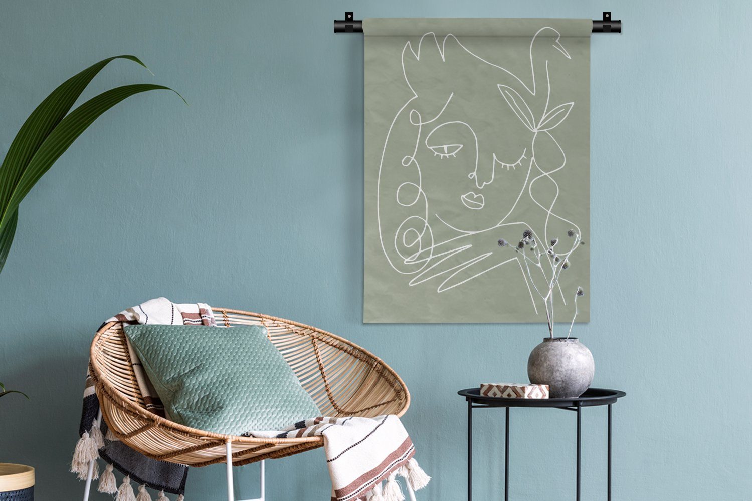 Vogel Strichzeichnung, Frau Tapisserie, Haare - - - Wanddekoobjekt der Grün Wohnzimmer, an Schlafzimmer - Wand, für MuchoWow Deko