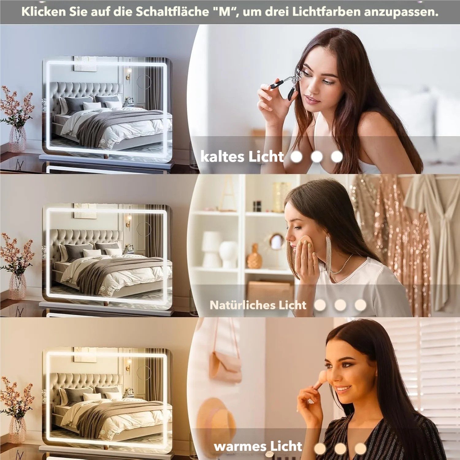 TLGREEN Schminkspiegel mit beleuchtung, (58X46/50x40cm, Mit USB und Typ-C,10x-Lupe, 3 Farbtemperaturen, Wandspiegel, Tischspiegel, mit Touchscreen-Steuerung)