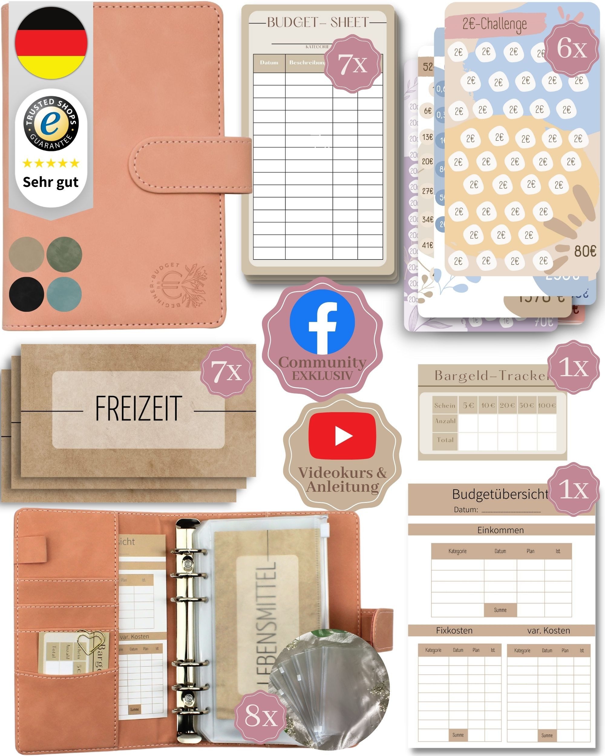 BeginnerBudget Ringbuchmappe Budgetplaner Starter-Set Sparbuch zum Geld Sparen + Spar-Challenges, Sparen mit Umschlagmethode + Anleitung - Ringbuch - Binder A6