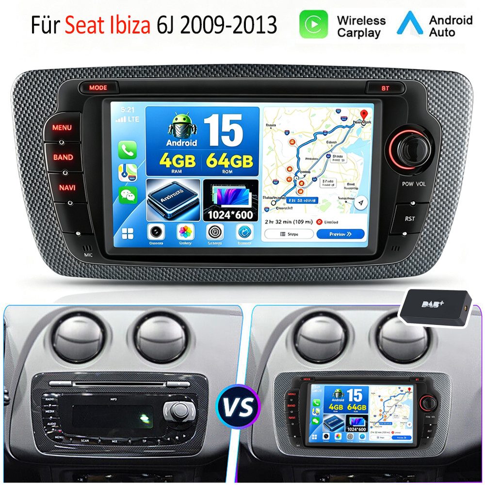 ESSGOO DAB+ 64G Android 15 Für Seat Ibiza IV 6J 2009-13 GPS Navi RDS Carplay Autoradio (AM, FM, 4+64GB(optional), RDS, DAB (optional), DAB+ (optional), Apple Carplay & Android Auto,2+64GB(optional),EQ SWC,DBA)