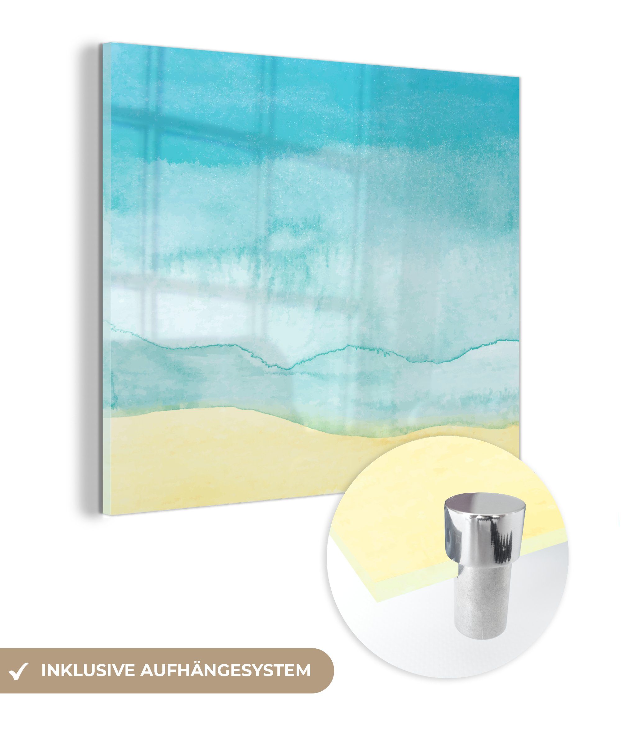 Glas - St), MuchoWow Wandbild Bilder - auf auf Foto Meer - Aquarell, (1 Glasbilder Wanddekoration - Strand - Acrylglasbild Glas