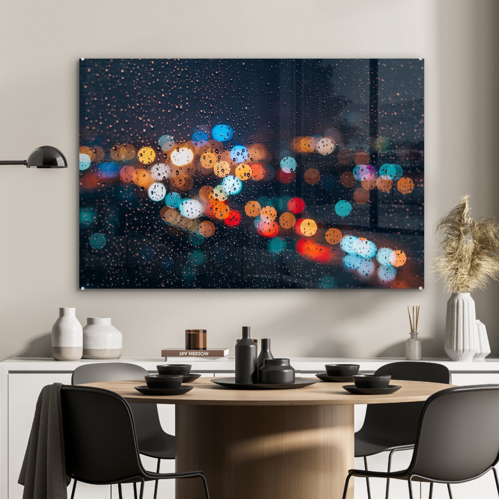 (1 St), MuchoWow & Unscharfe Vordergrund, Acrylglasbilder Wohnzimmer Acrylglasbild Lichter Schlafzimmer im mit Makroregen